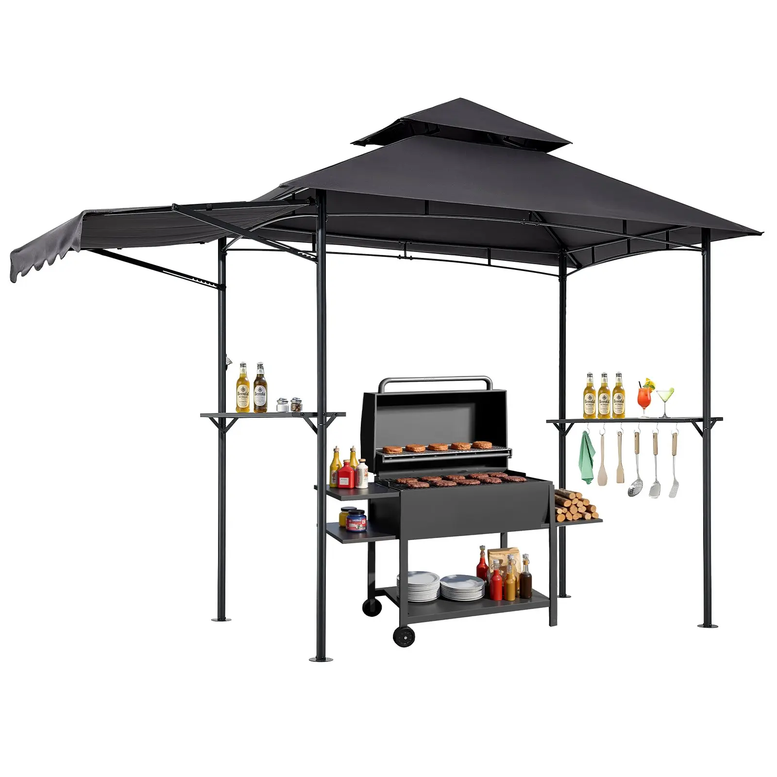 VEVOR Grill Gazebo, 8x5 ft Rectangle BBQ Gazebo, Double-Tiered Top with Extra Awning, Powder-Coated Steel Patio Shelter, 2 Side Shelves, Bottle Opener & Hooks, 48.28 lbs Outdoor Canopy for Garden, Poolside, Bbqs, Cover