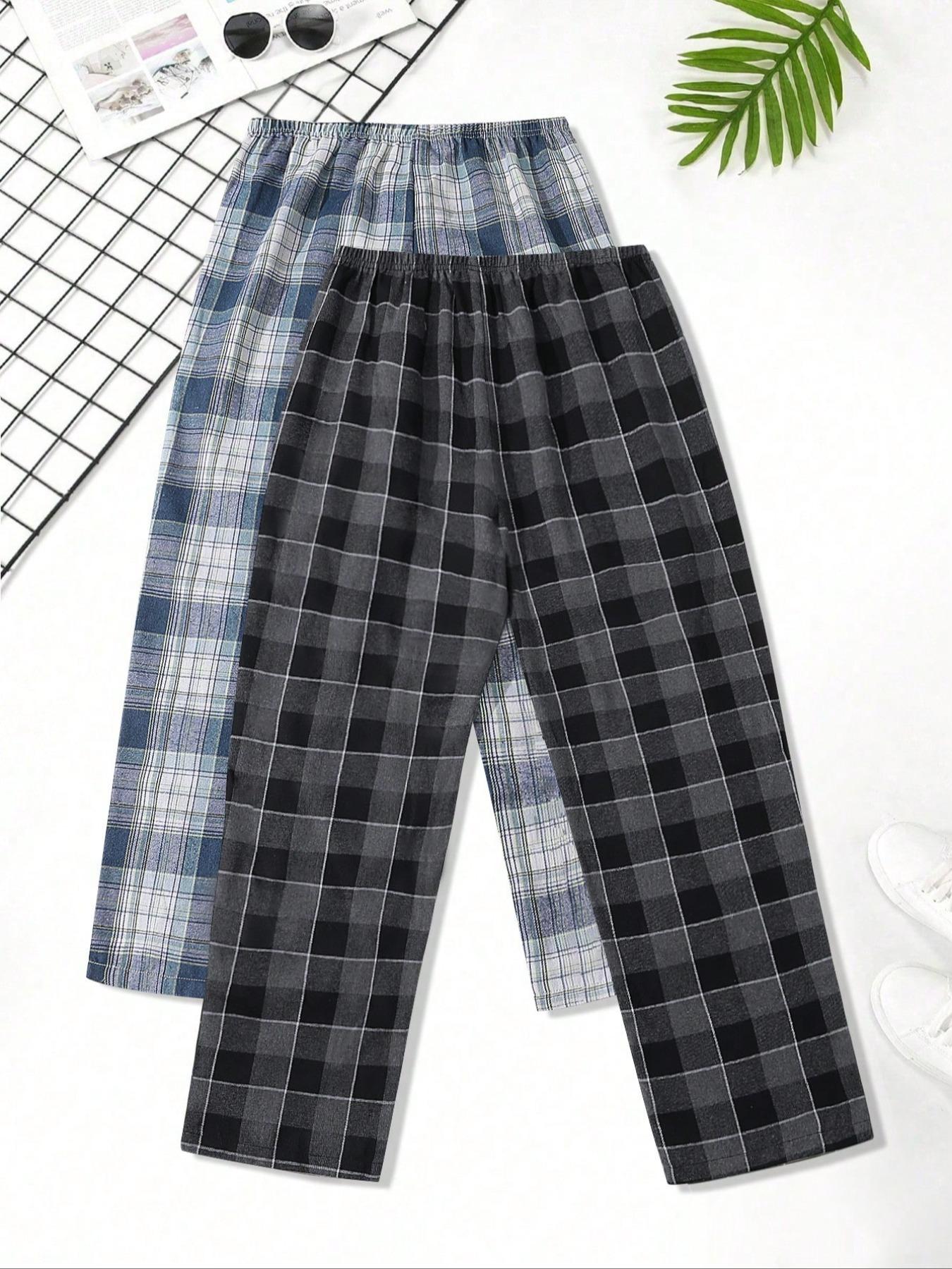 Men's 2pcs Plaid Print Elastic Waist Sleep Pants, Casual Comfy Loungewear Pants, Soft Breathable Sleep Bottoms for All Seasons