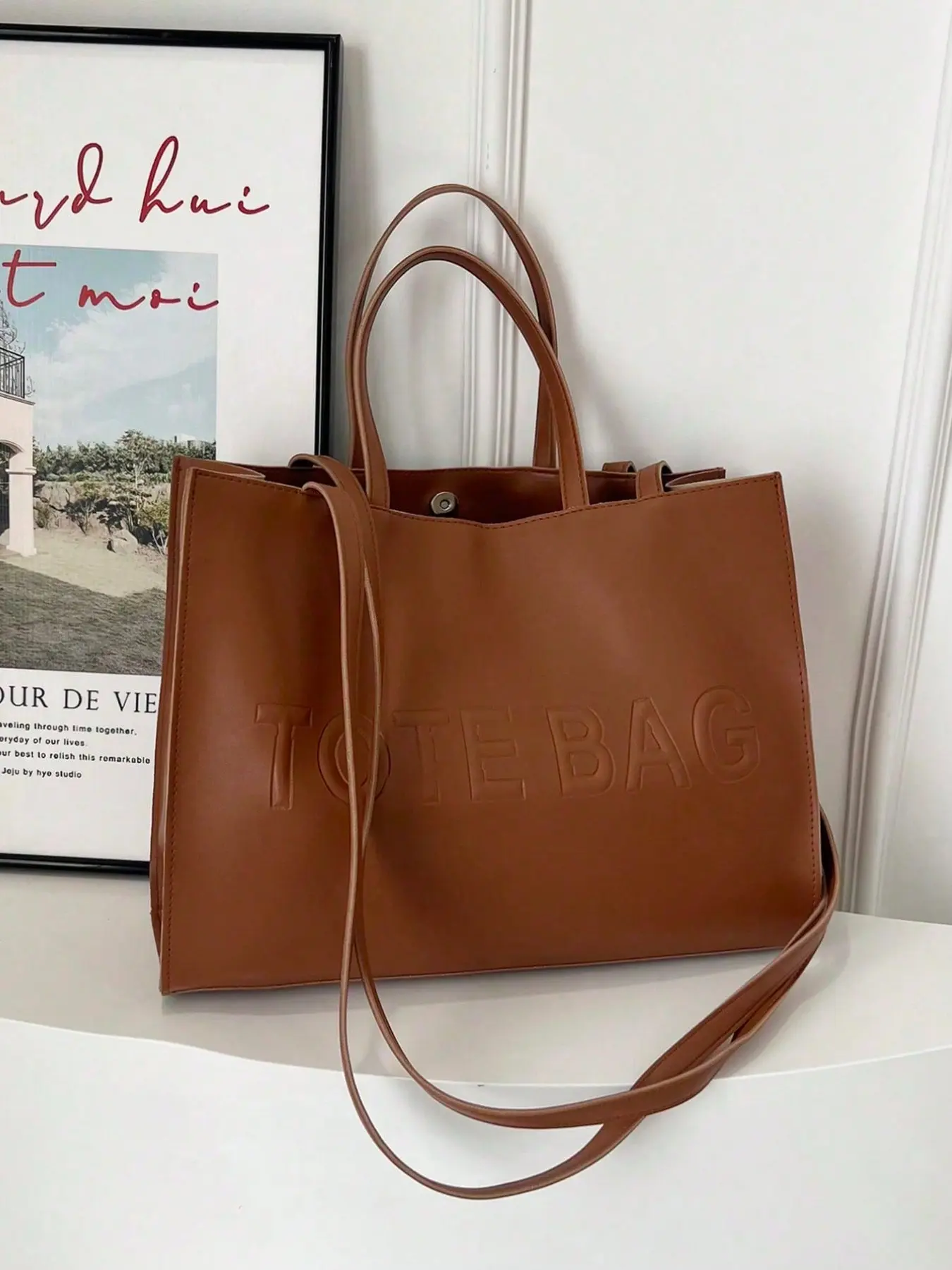 Meadow Caramel Letter Pressed Tot Bag, Handbag Pu Leather Crossbody Backpack, Large Capacity for Laptop Books, Commute School, Fall Winter Retro Style