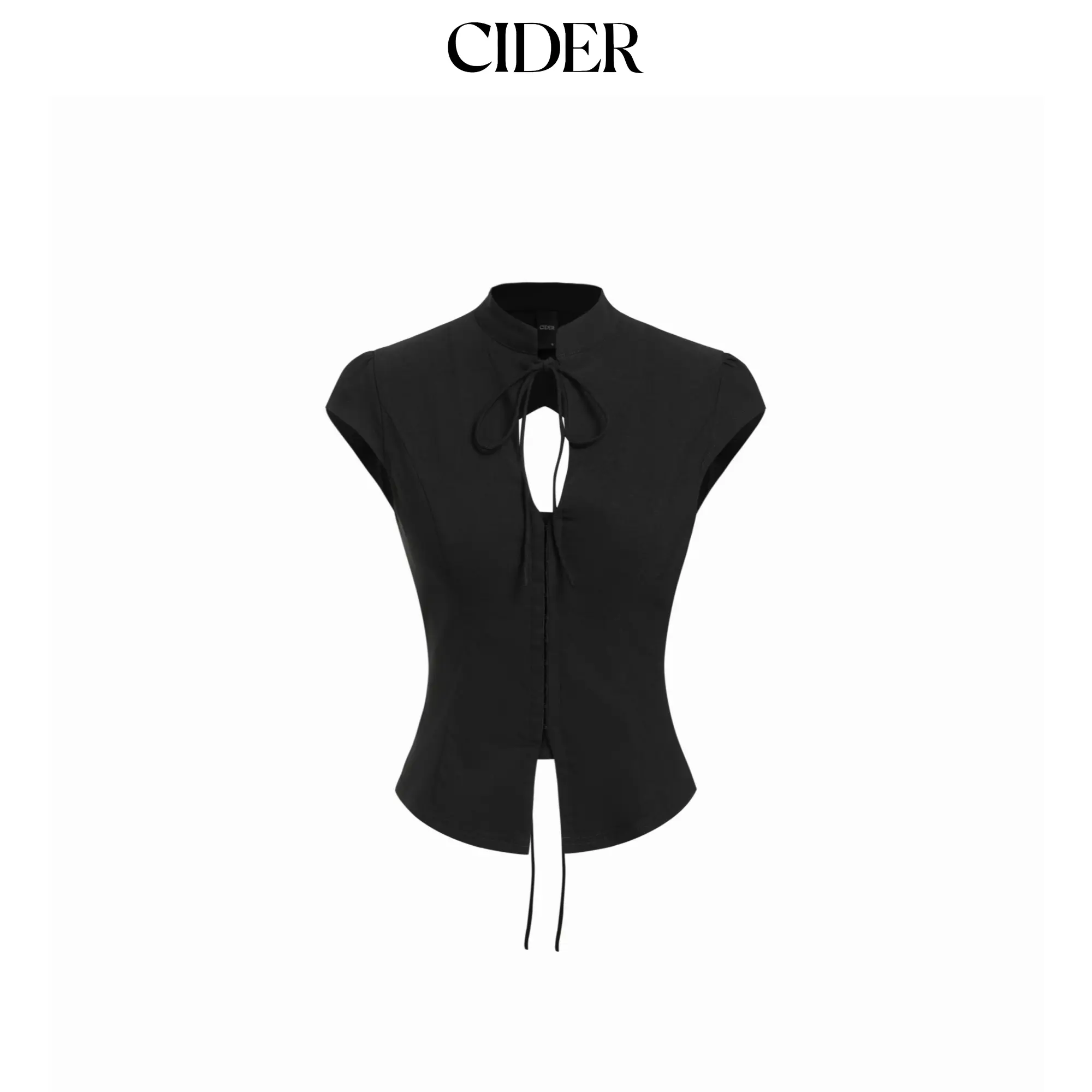 Cider Stand Collar Short Sleeve Tie Front Cut Out Backless Slim Blouse SummerFinds