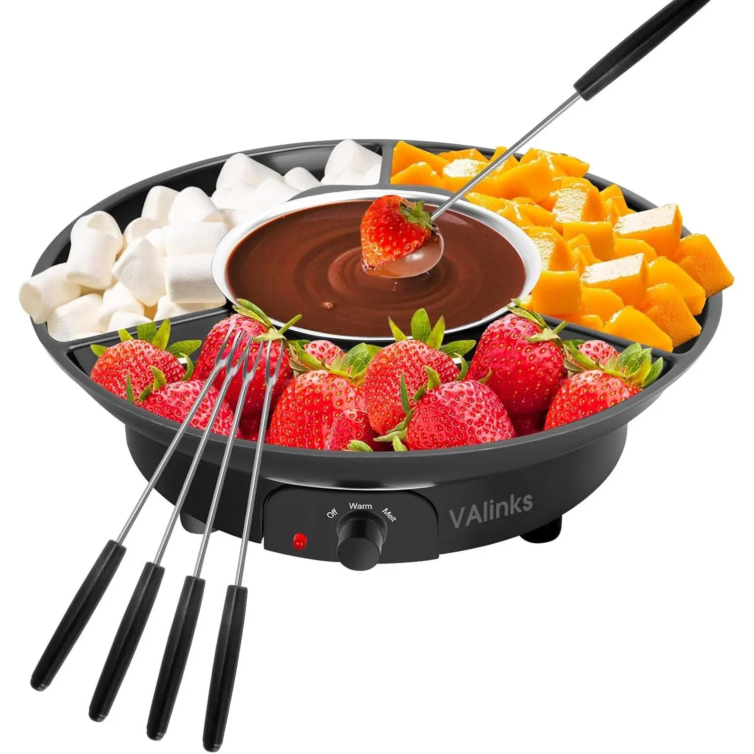 Electric Chocolate Melting Pot Fondue Pot Set 3-Section Serving Trays with 6pcs Dipping Forks Perfect for Housewarming Christmas Party Gifts (Black)
