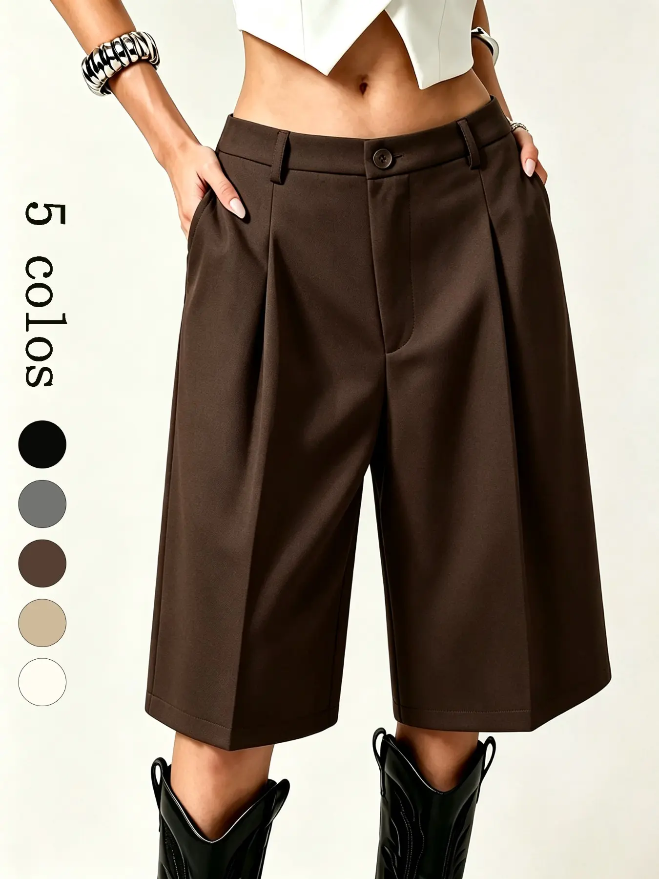 D5531 Timeless Old Money Women Knee Culottes, High Waisted Pleated Wide Leg Silhouette, Functional Side Pockets, Wrinkle Easy Care for Western Daily Street Outfits.