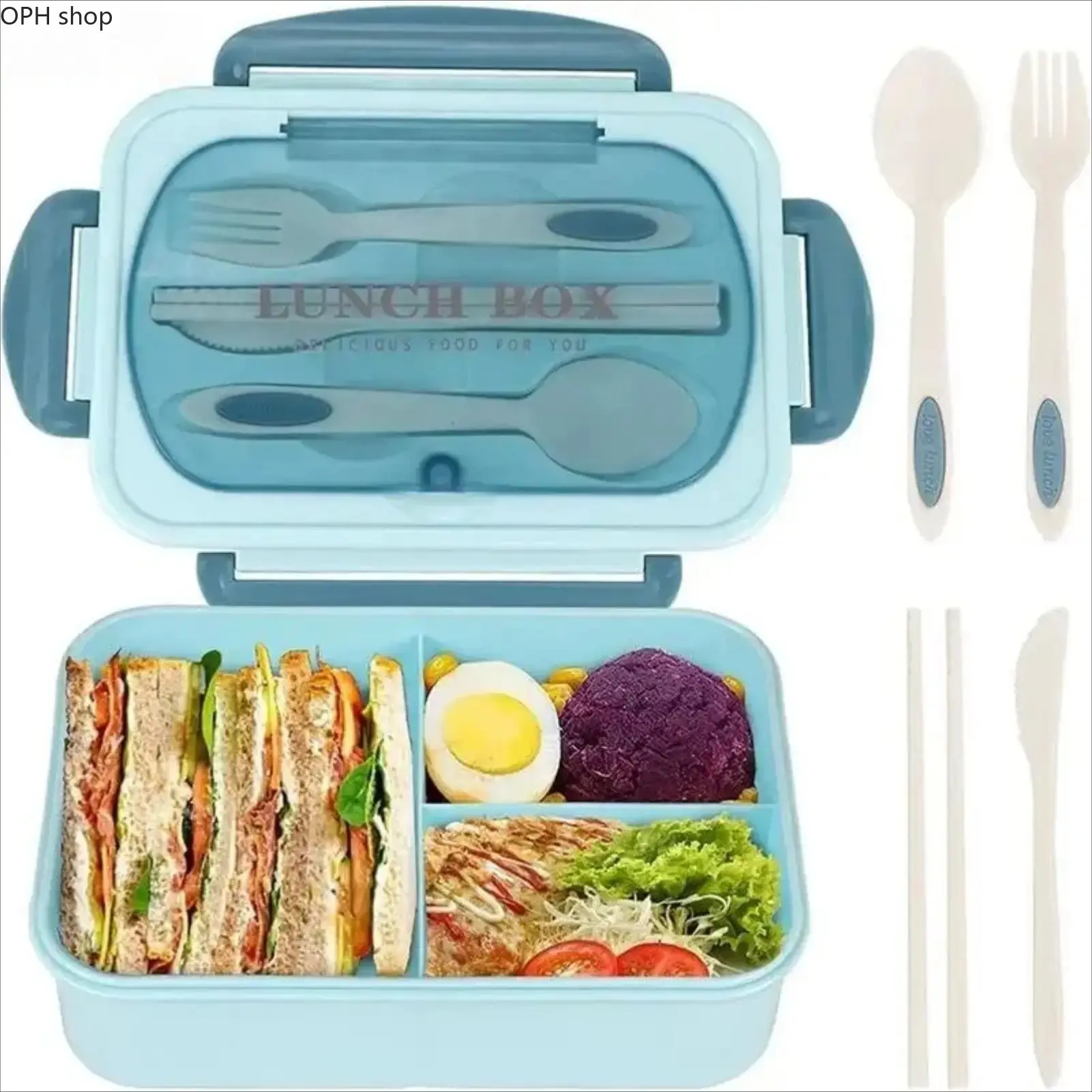 Portable Lunch Box with Free 4-Piece Cutlery Set - Spoon, Fork, Knife, Chopsticks - Meal Prep Container for Office, Travel Use
