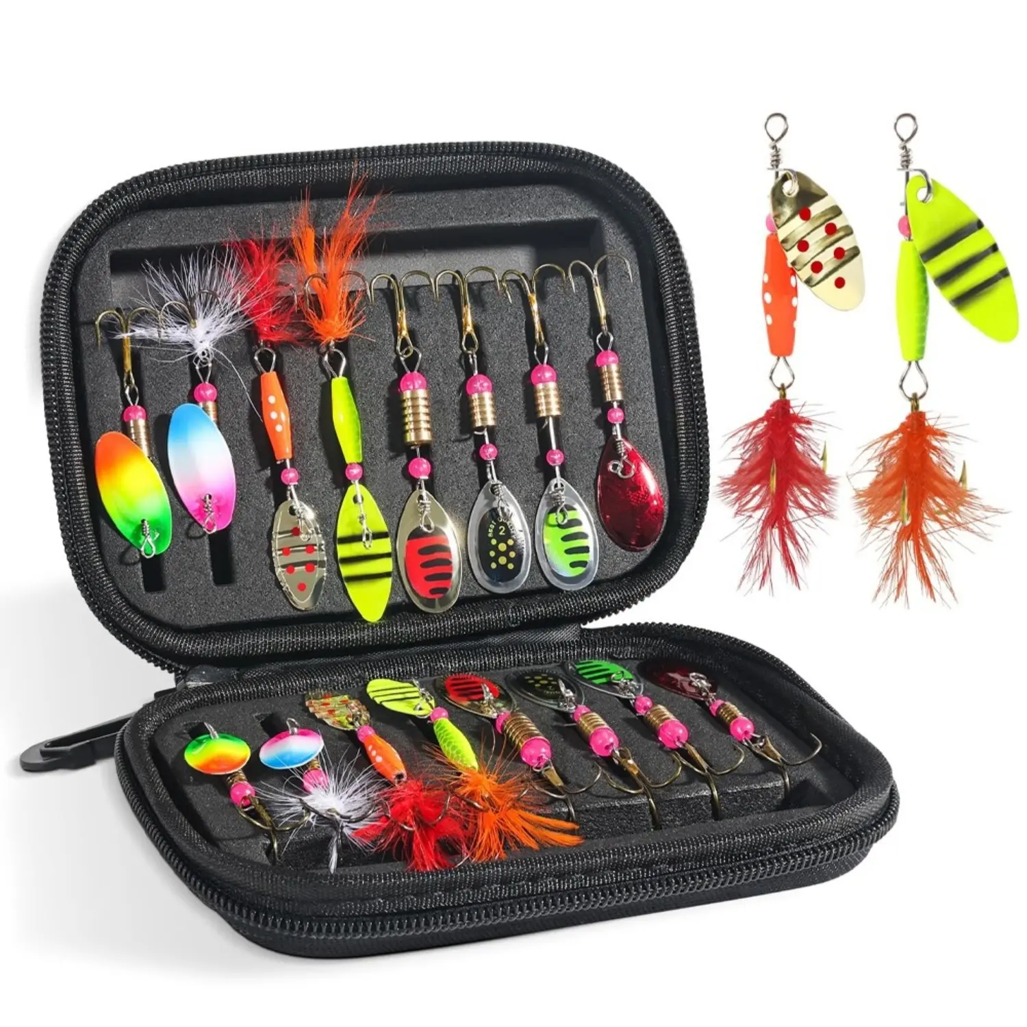 16PCS Spinner Fishing Lures Kit with Feather Tail Hooks, Reflective Spoon Lures and Portable Storage Case for Trout, Bass, Salmon, Freshwater Fishing Gear