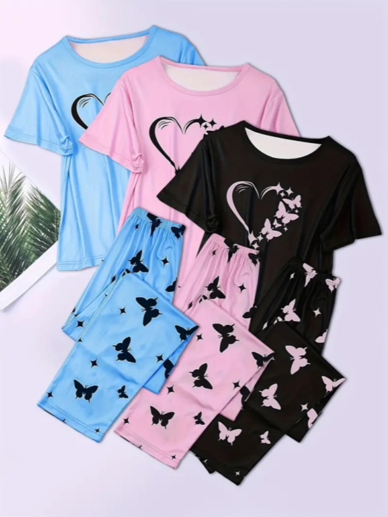Women's Heart & Butterfly Print Pyjama Set, Comfy Fitted T-shirt & Elastic Waist Trousers Set, Women's Sleepwear for All Seasons