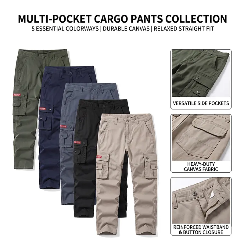 Men's Solid Twill Cargo Pants, Relaxed Straight-Leg Workwear Trousers for Outdoor & Hiking Uniforms with Smooth Natural Zipper, Fabric, Menswear, Soft, Classic, Casual, Buttons, Mid Waist