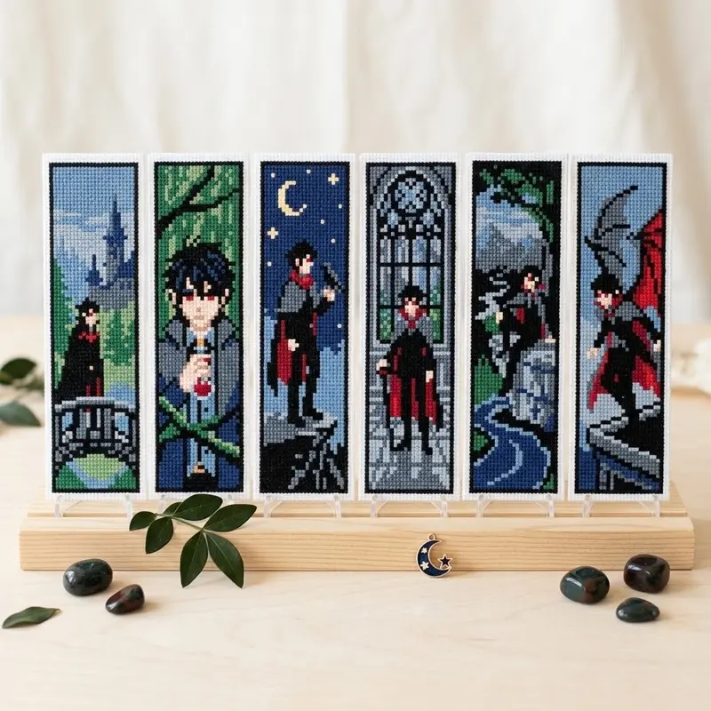 7-Piece DIY Cross-Stitch Bookmark Set | Male Vampire Count Series Pixel Art Designs, perfect for beginners. Ideal as handmade gifts, home decor, and creative craft supplies perfect for book lovers and leisure activities.