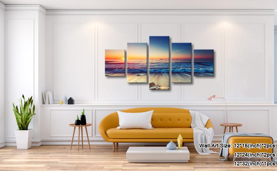 5 Piece Large Modern Seascape Artwork Gallery Wrapped Ocean Sea Beach Pictures Canvas Prints Waves Paintings on Canvas Wall Art for Living Room Bedroom Home Decorations L