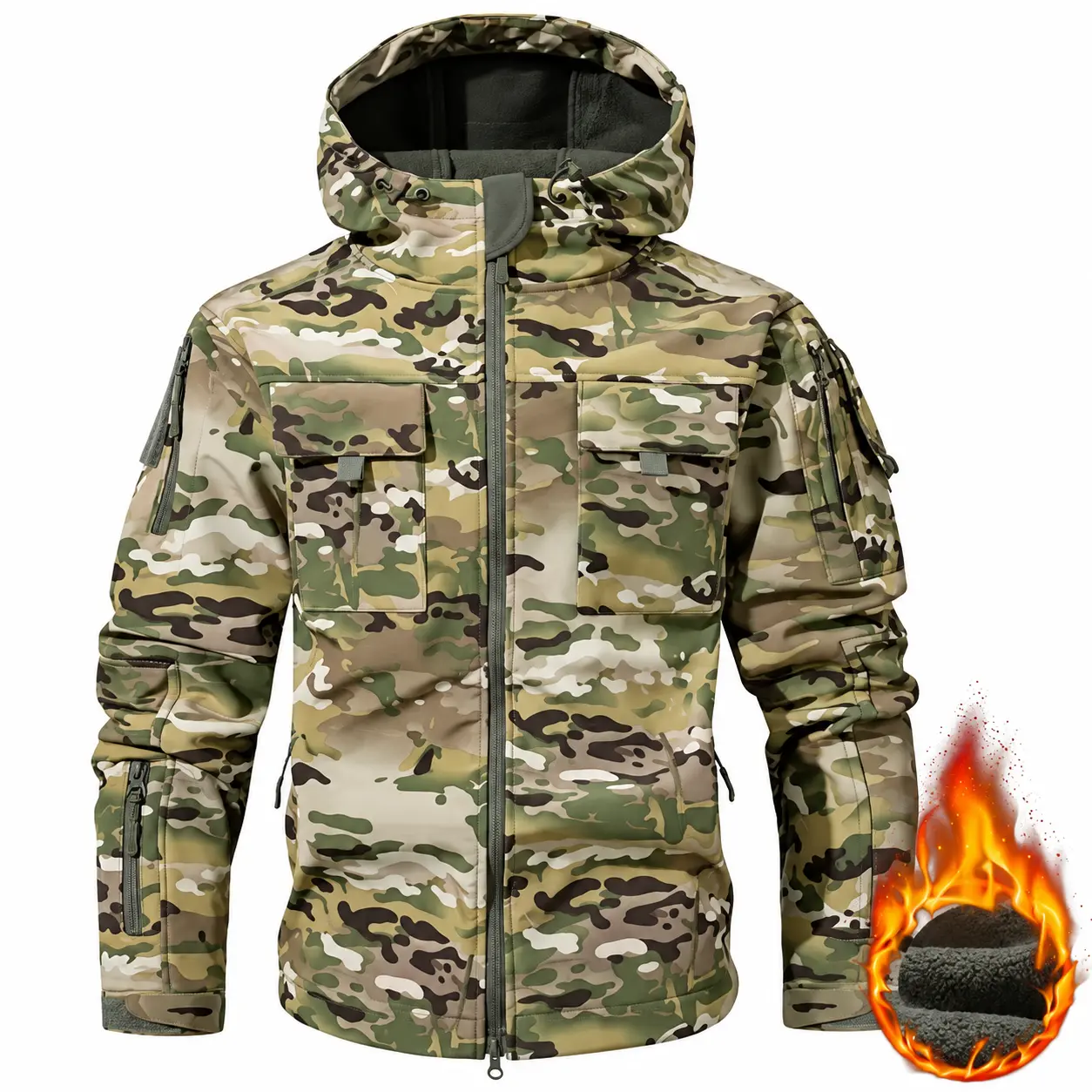 Men's Waterproof Fleece Hooded Jacket Mock Neck, Fitted, 9 Multi Compartment Pockets, Long Sleeves, Operator Style Camo Navy Workwear for Outdoor Motocross
