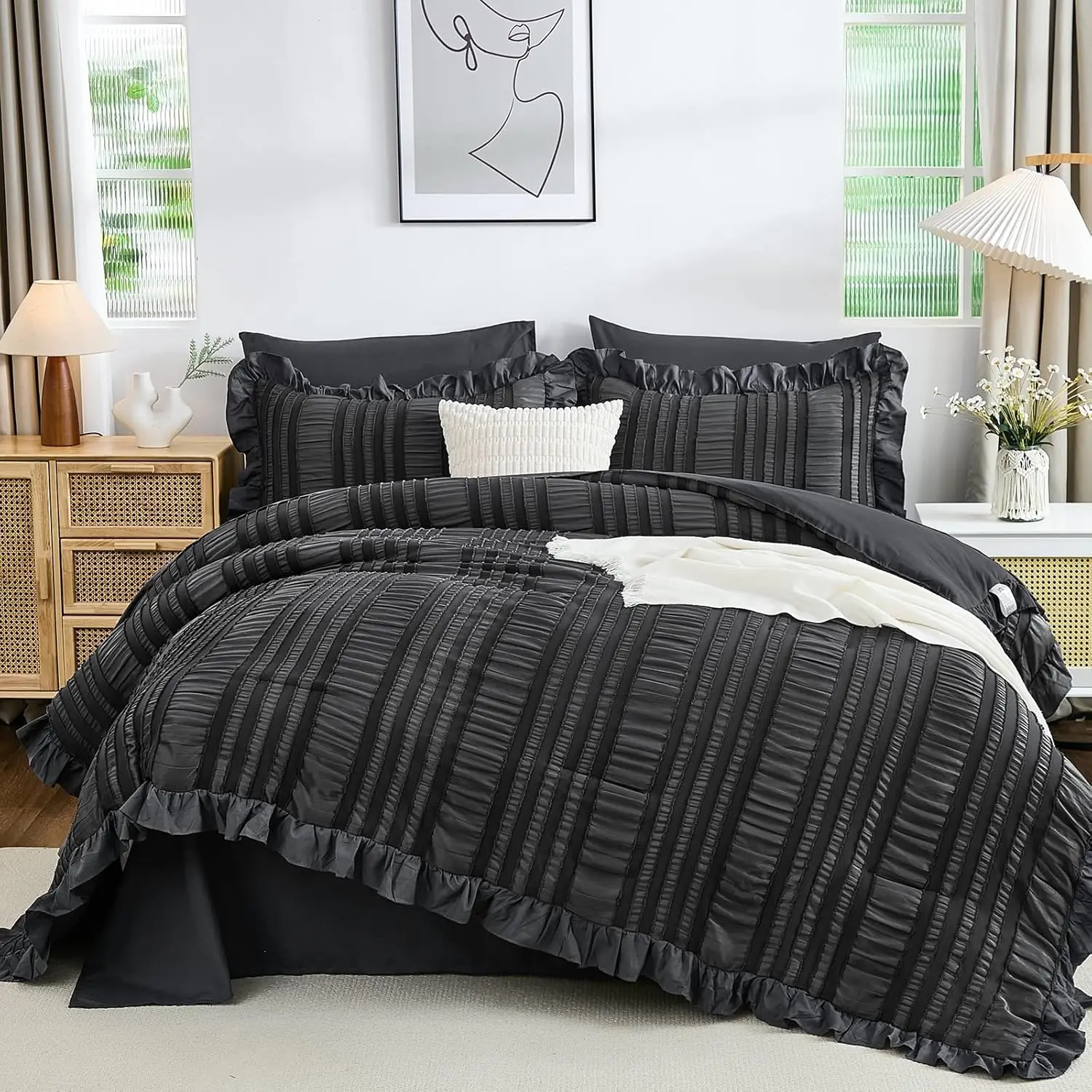 Dark Grey Comforter Set King,7 Pieces Ruffle Comforter Set with Sheets,Textured Bed in a Bag for King Bed 104"*90"
