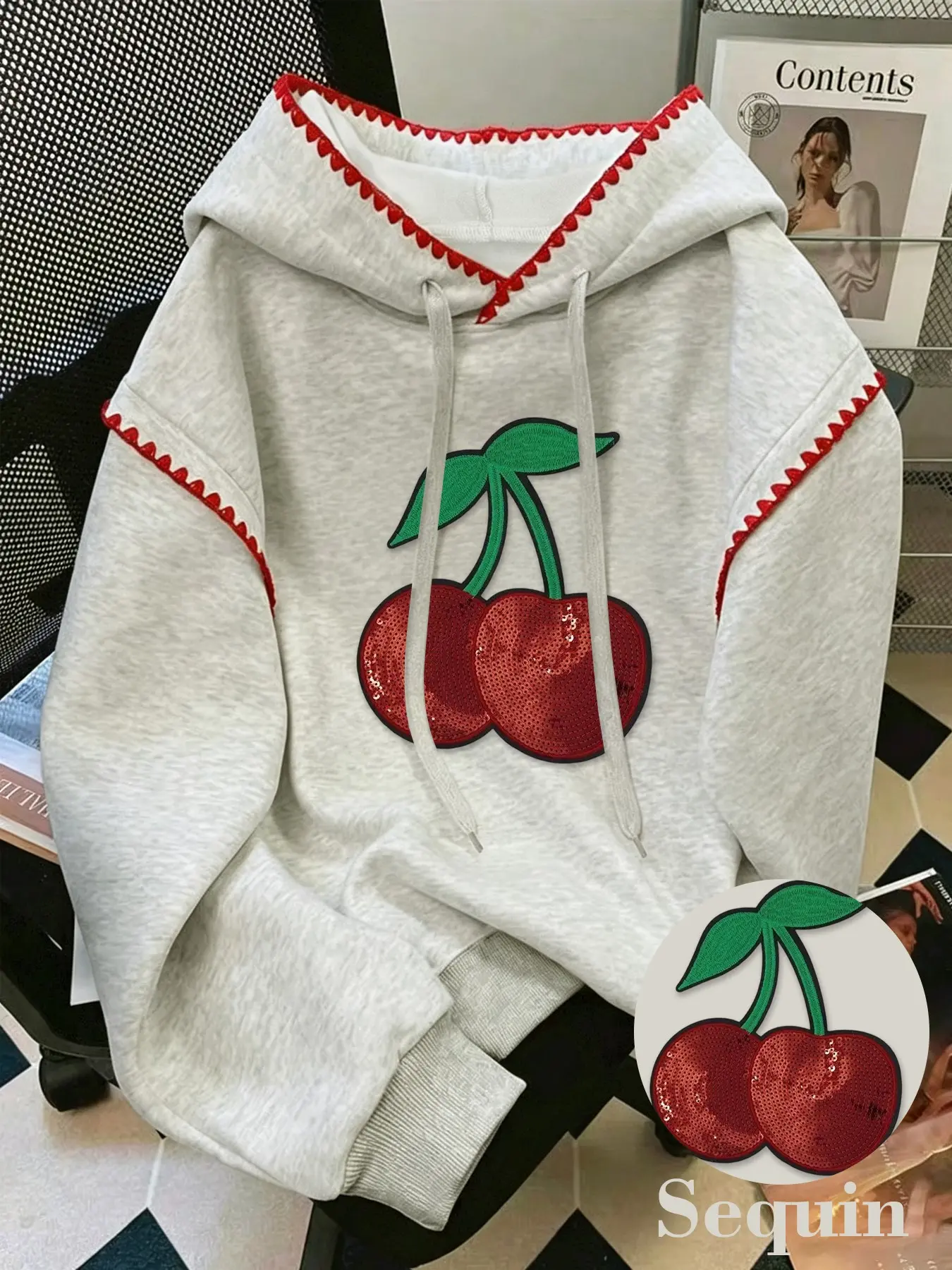 Women's College Style Loose Hoodie, Cherry Sequin Print Drawstring Sweatshirt, Contrast Binding Long Sleeve Top, Campus Streetwear, Aesthetic