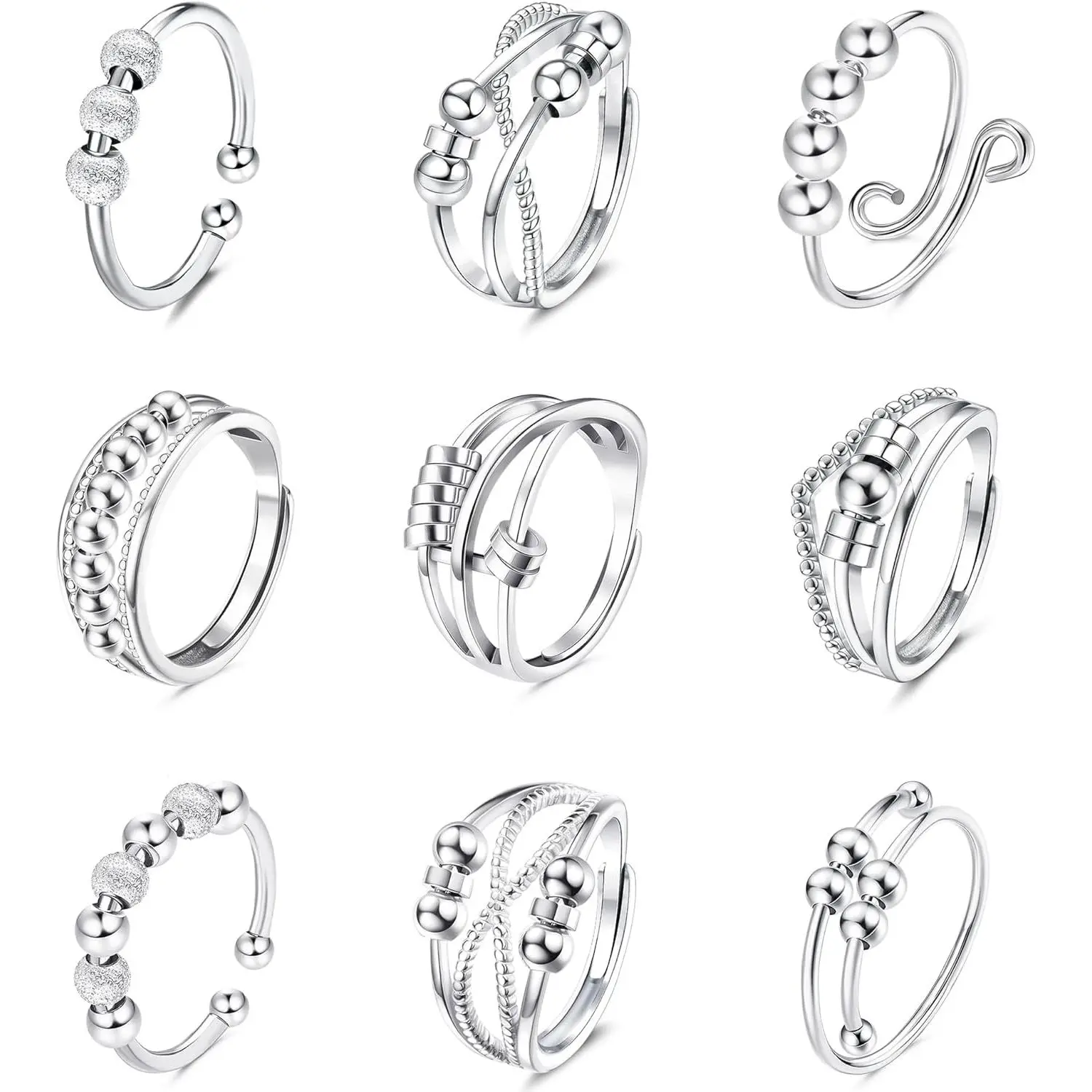 9Pcs Anti Anxiety Rings For Women Men Fidget Band Rings Set For Anxiety Unisex Adjustable Stacking Spinner Worry Stress Relief Ring With Beads