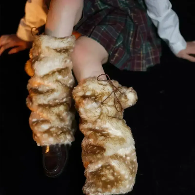 Kawaii Faux Fur Leg Warmers - Plush Reindeer Boot Covers with Elastic Cuff for Gothic Lolita Cosplay Performances