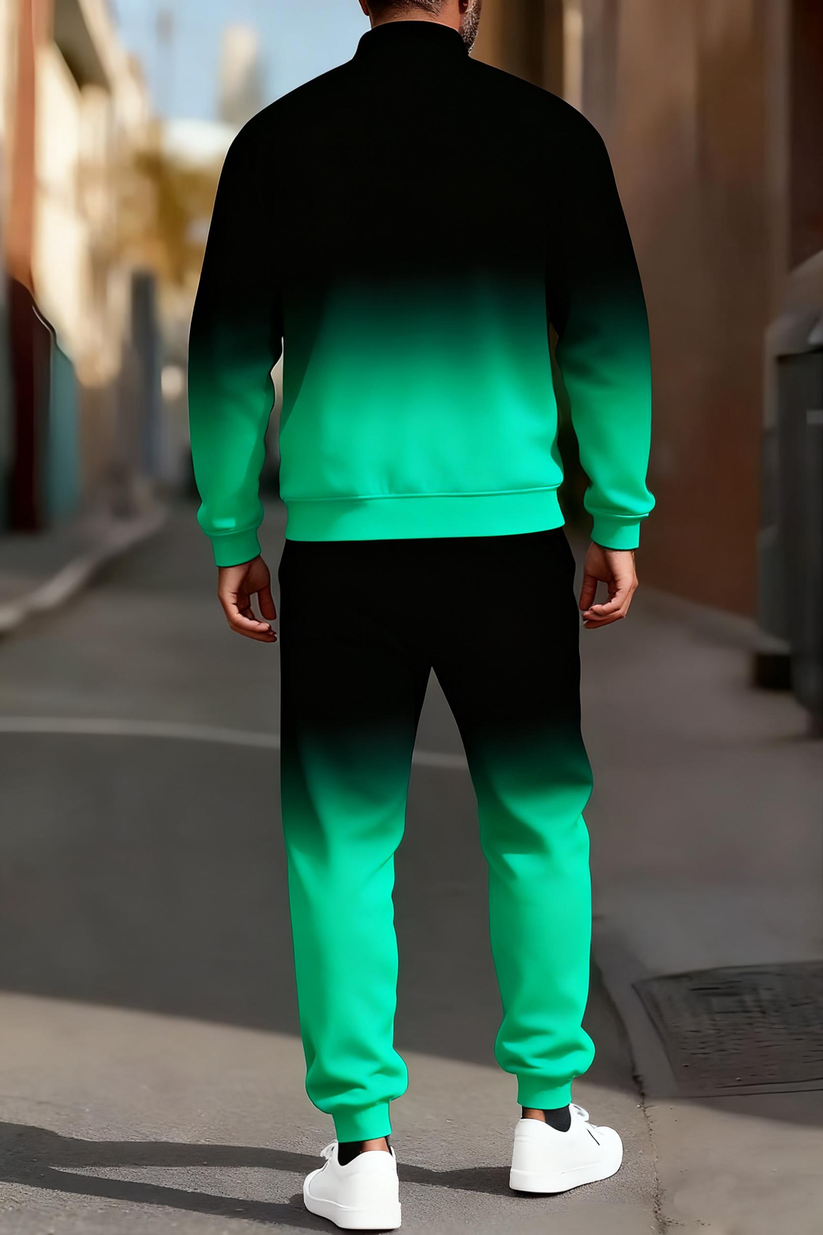 Men's fashionable and casual sportswear featuring a gradient digital print, including a stand-up collar cardigan jacket and pants, making it a two-piece set suitable for daily casual wear and trendy gradient sportswear series, Sporty Style Breathable Acti