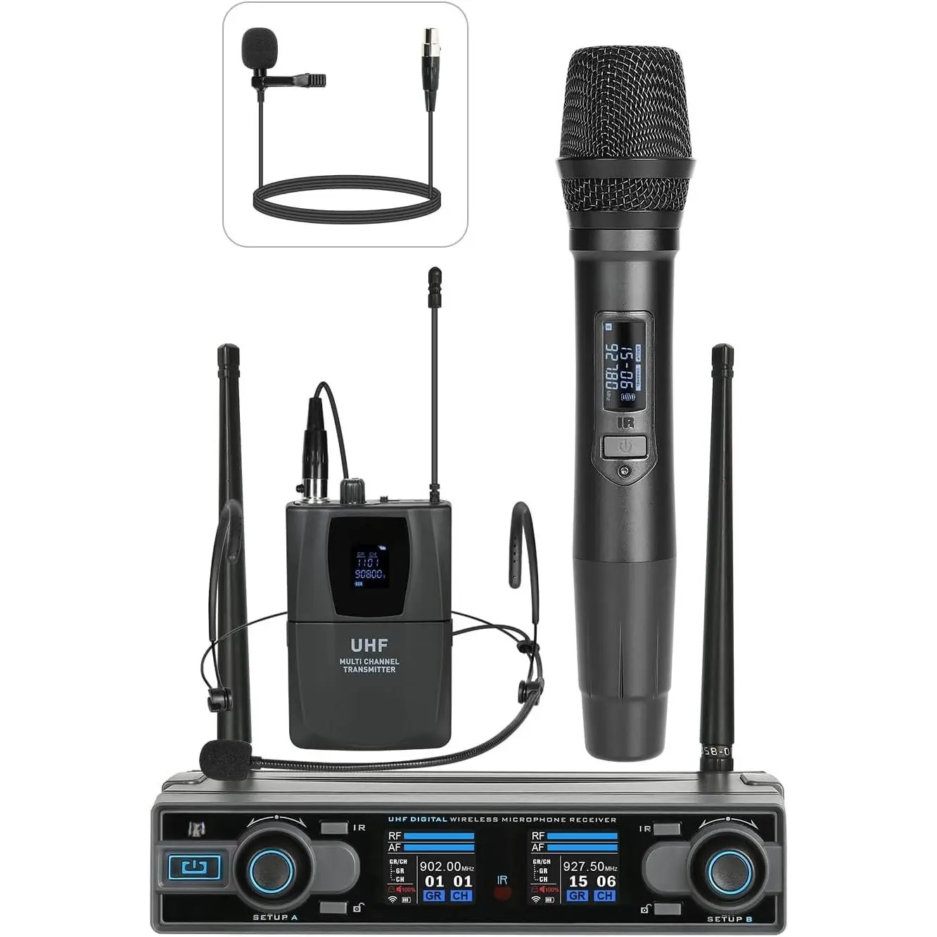 Microphone System - UHF Handheld, Bodypack, -Worn & Lavalier Mics for Live Performance, Karaoke, DJ, Church, Classroom & PA Systems (D-332HB)