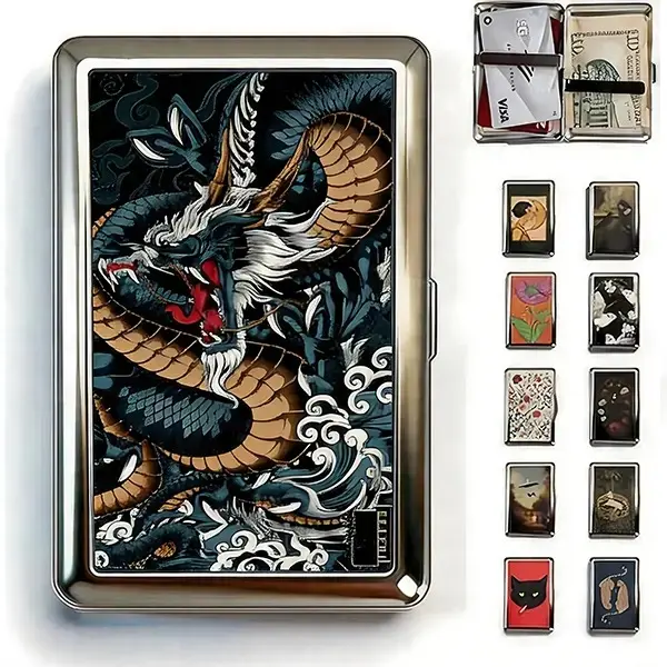 Unisex Metal Card Holder, Vintage Dragon Tiger Art Print Slim Wallet with Press Button Pop-Up and RFID Blocking, Men's Accessories, Accessories For Women, Wallets, Daily Commute, Versatile Use, Friends, Business