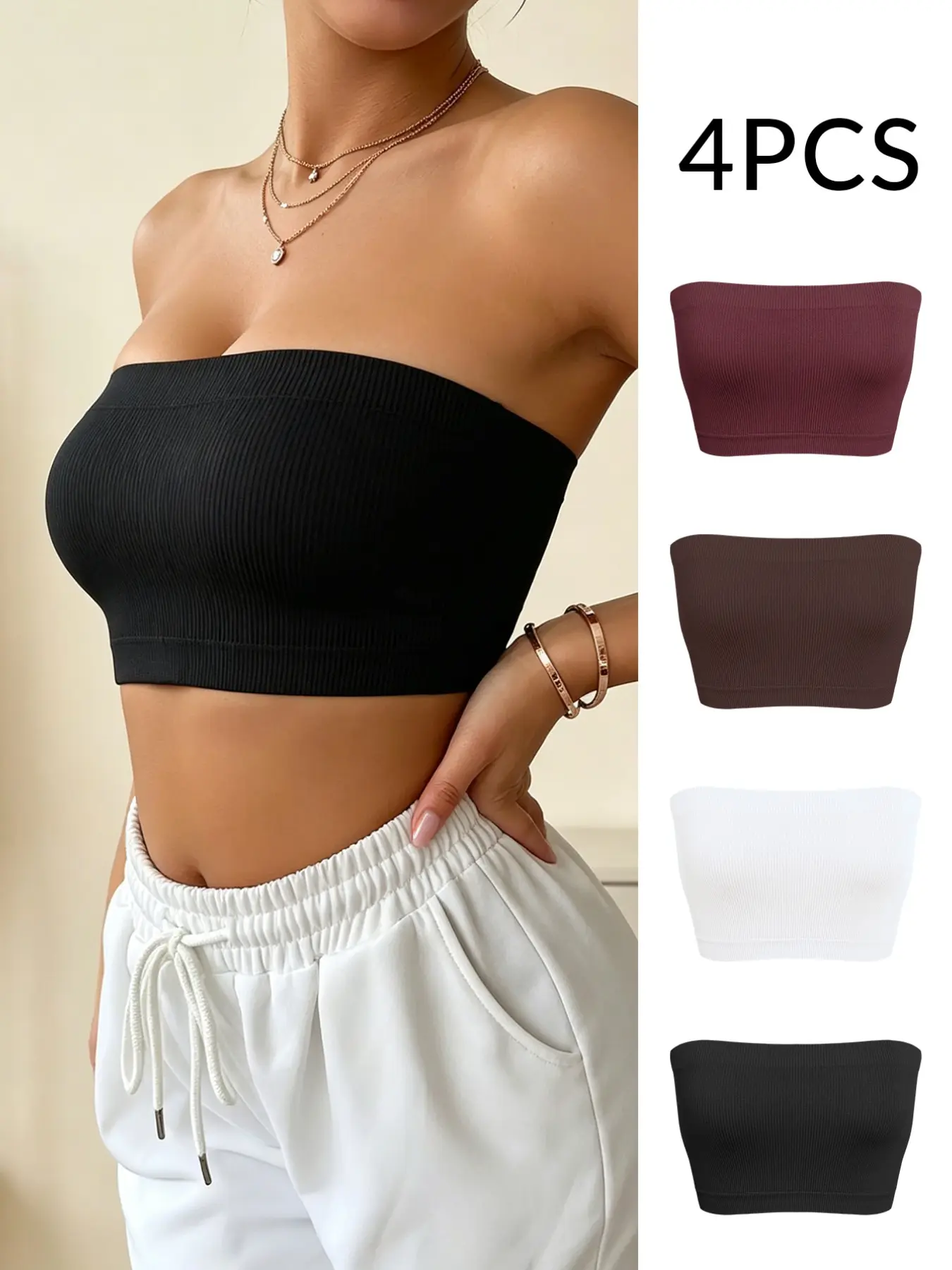 4-Pack Seamless Strapless Bras for Women, Comfortable Wire-Free Push-Up Lingerie, Ideal for Daily Wear & Sports, Full Coverage Design