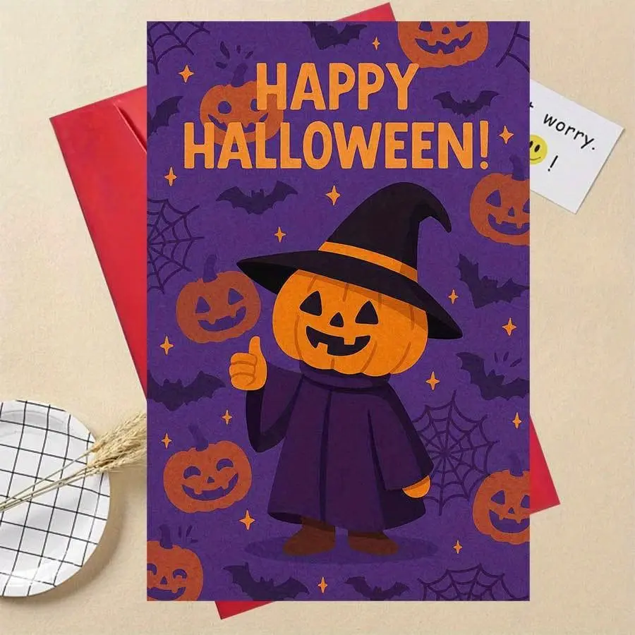 Happy Halloween Card with Adorable Pumpkin Witch Design, Perfect for Friends and Family, Ideal for Halloween Party Invitations