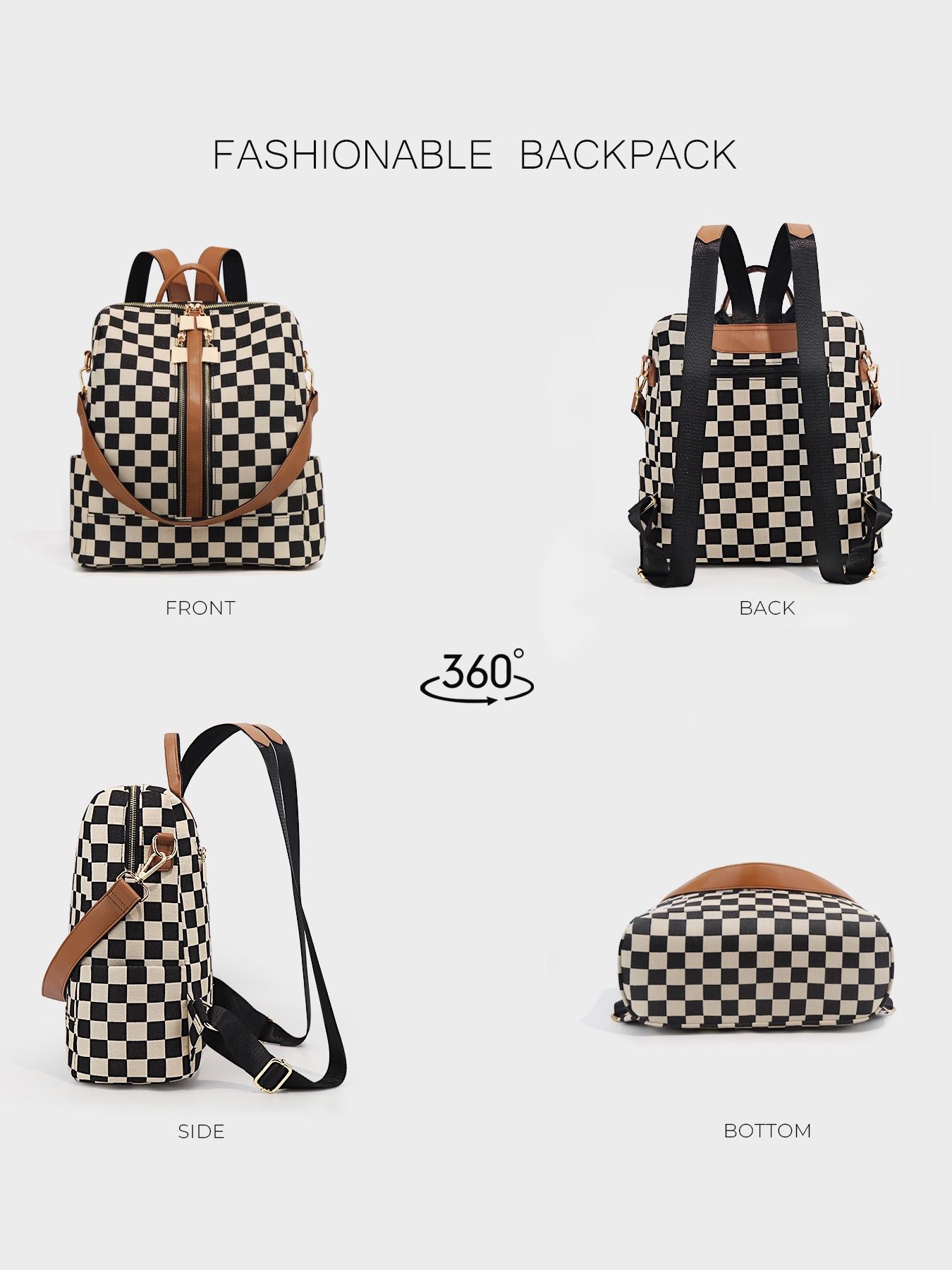 Checkerboard Pattern Backpack Set, Women'S Fashionable Vintage Trendy Casual Large Capacity Zipper Travel Backpack & Wristlet, Multifunctional Bag Set For Daily Use