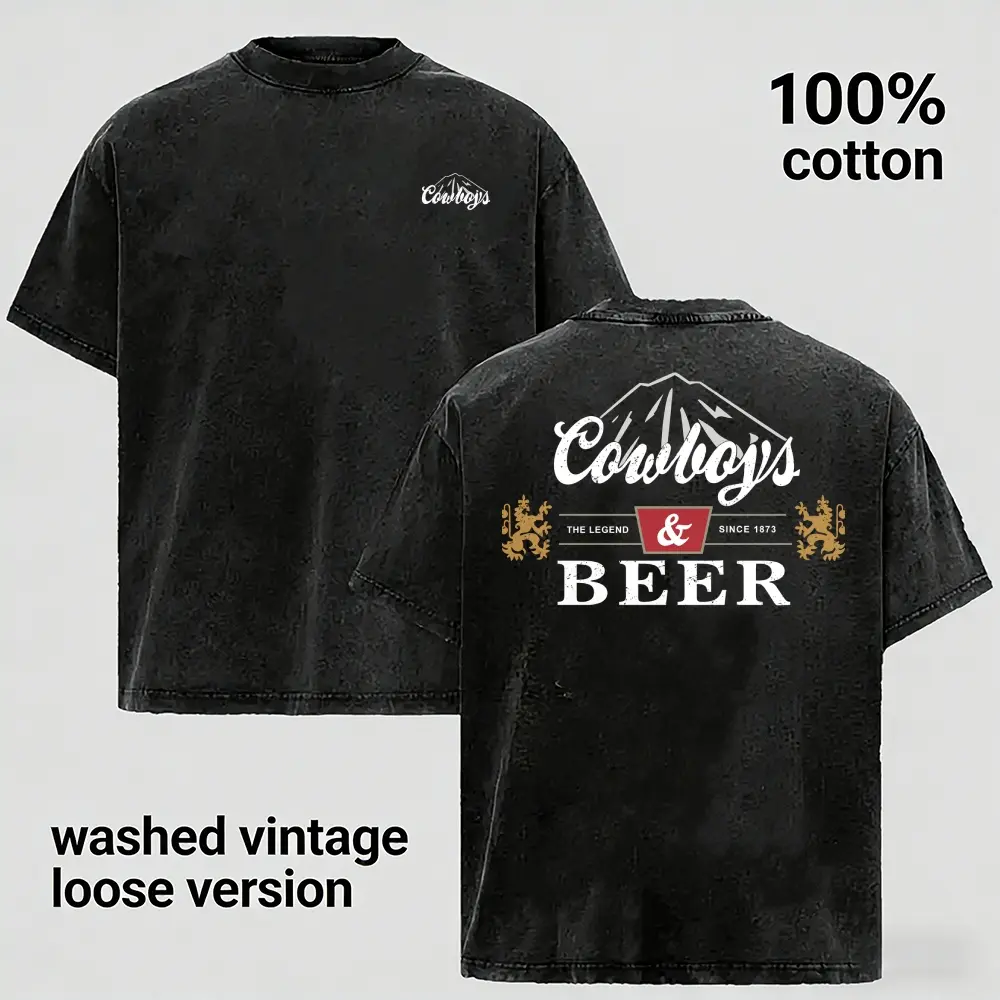 Plus-size Vintage Western Beer Graphic T Shirt, Washed Black Cotton Tee, Cowboy Style Retro Shirt, Americana Streetwear Top