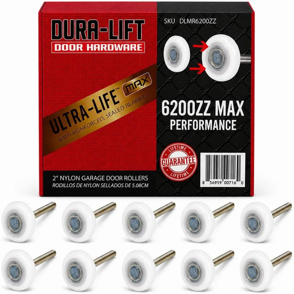 2" Nylon Garage Door Roller with Sealed 6200ZZ Bearing, 4" Stem, Pack of 10, Replacement Garage Door Hardware