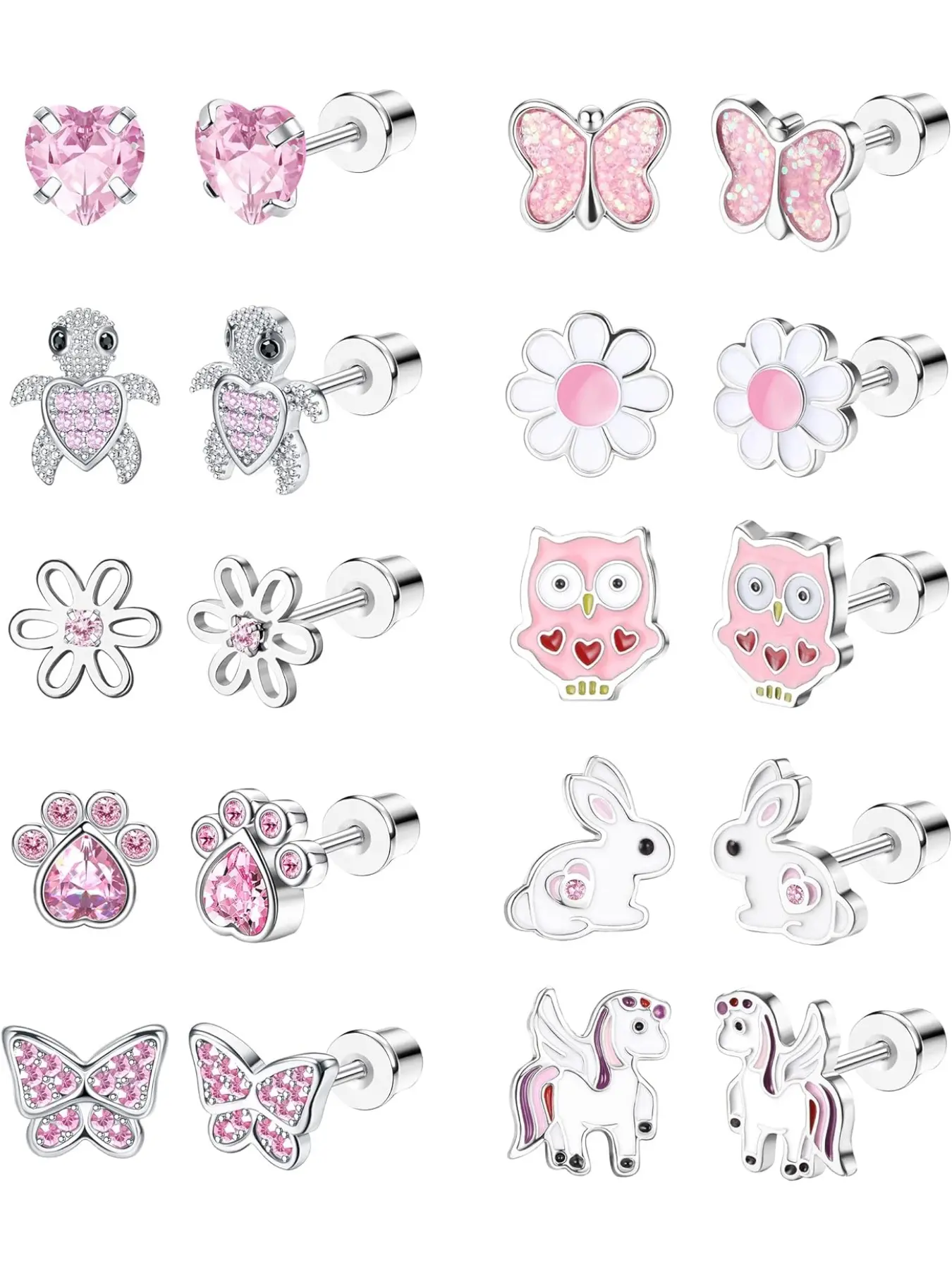 10 Pairs Cute Screw Back Earrings for Women Girls Stainless Steel Multicolored Heart Flower Butterfly Rainbow CZ Stud Earrings Hypoallergenic Screwback Stud Earring Cute Screw Back Earrings for Women Girls  Cute Pink Earring Set