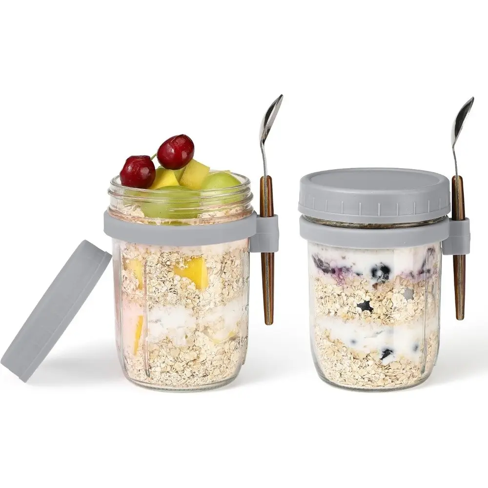 2pcs Overnight Oat Cups with Lids & Spoons, 12oz Portable Breakfast Bowls, Ideal for Meal Prep, Cereals, Milk, Salad, Yogurt, Vegetables, Fruits Storage