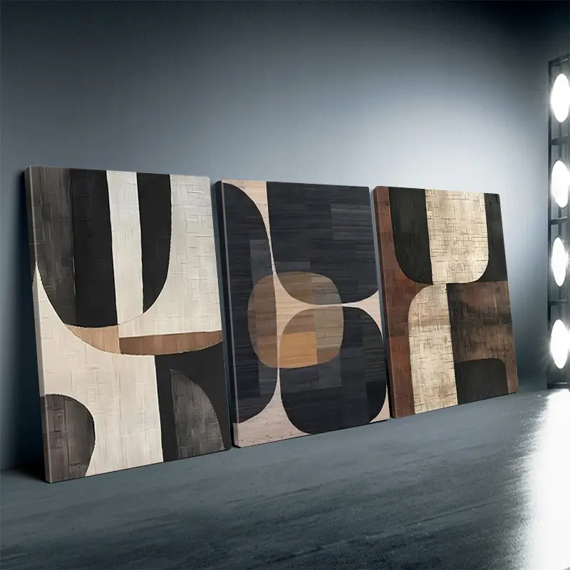 3-Piece Framed Canvas Painting Set - Waterproof, Lightweight, Woody Beige Pebble-Style Wooden Edge, Black & White Abstract Art, Brown Minimalist Art, Neutral Texture Home Decor with Polka Dot/Houndstooth/Marble Accents for Living Rooms, Bars, Water Proof,