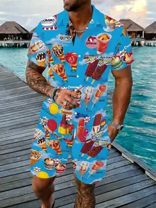 Men's Summer Casual Shirt and Shorts Set, All-Over Print, Loose-Fit, Trendy Beach, Fun Cartoon Design, Two-Piece Ensemble