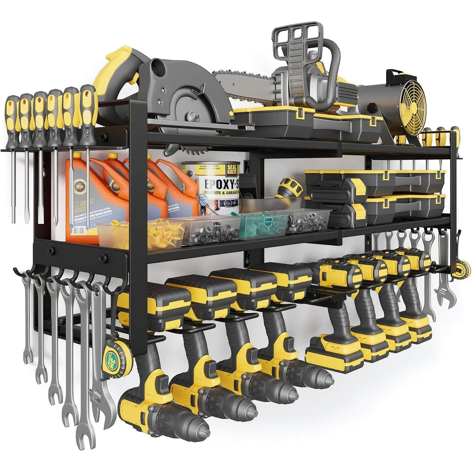 Power Tool Organizer Wall Mount |350lbs Garage Tool Storage Rack with 6 Cordless Drill Holder |3-Tier 32''W Heavy Duty Garage Organization |Gifts for Men