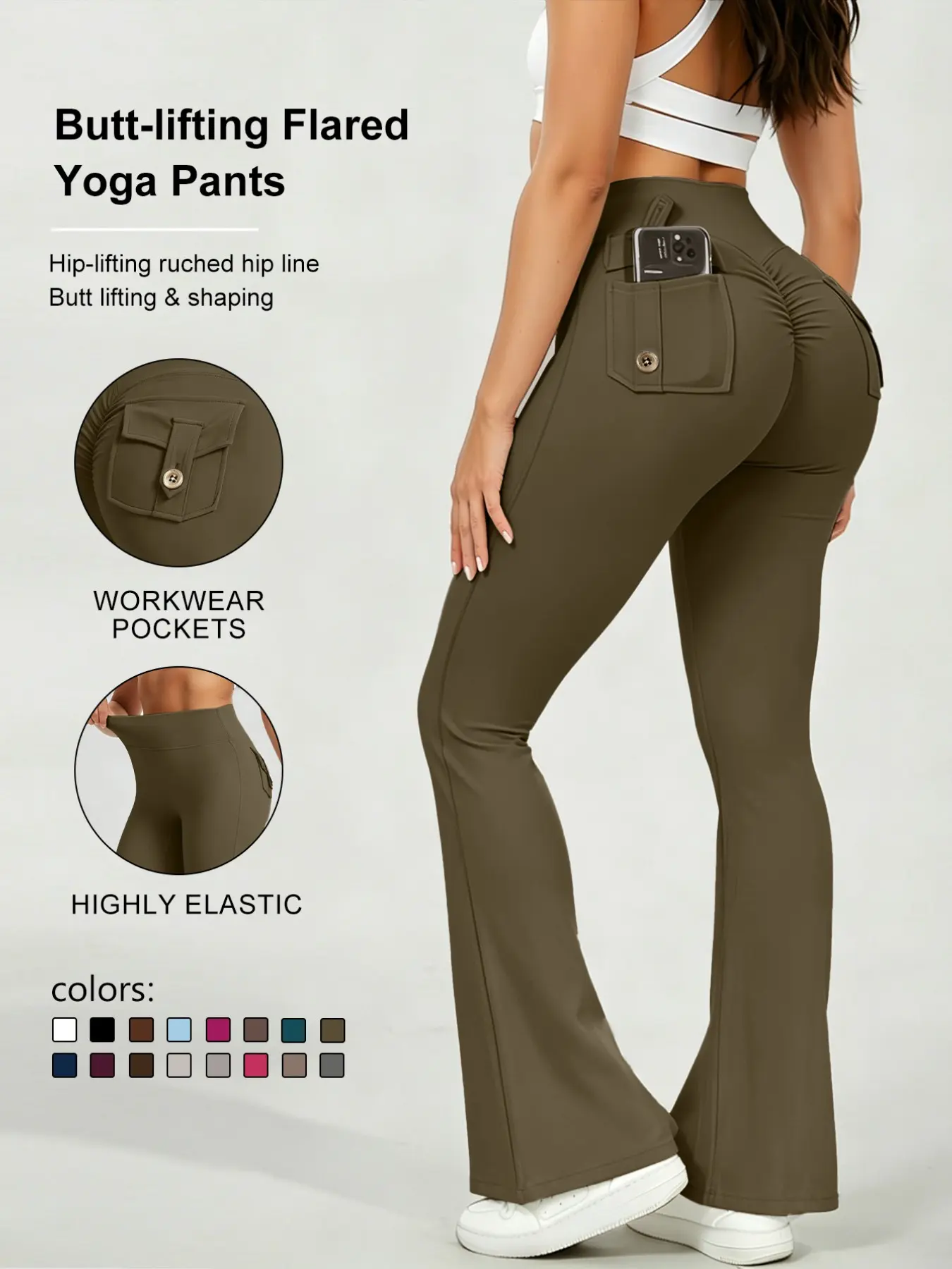 Women's High-Waisted Butt Lifting Yoga Pants with Pockets, Wide Leg Fitness Pants, Elastic Sportswear, Tummy Control Workout Clothes, Knitted Sports Pants, Gym Sportswear Bottoms