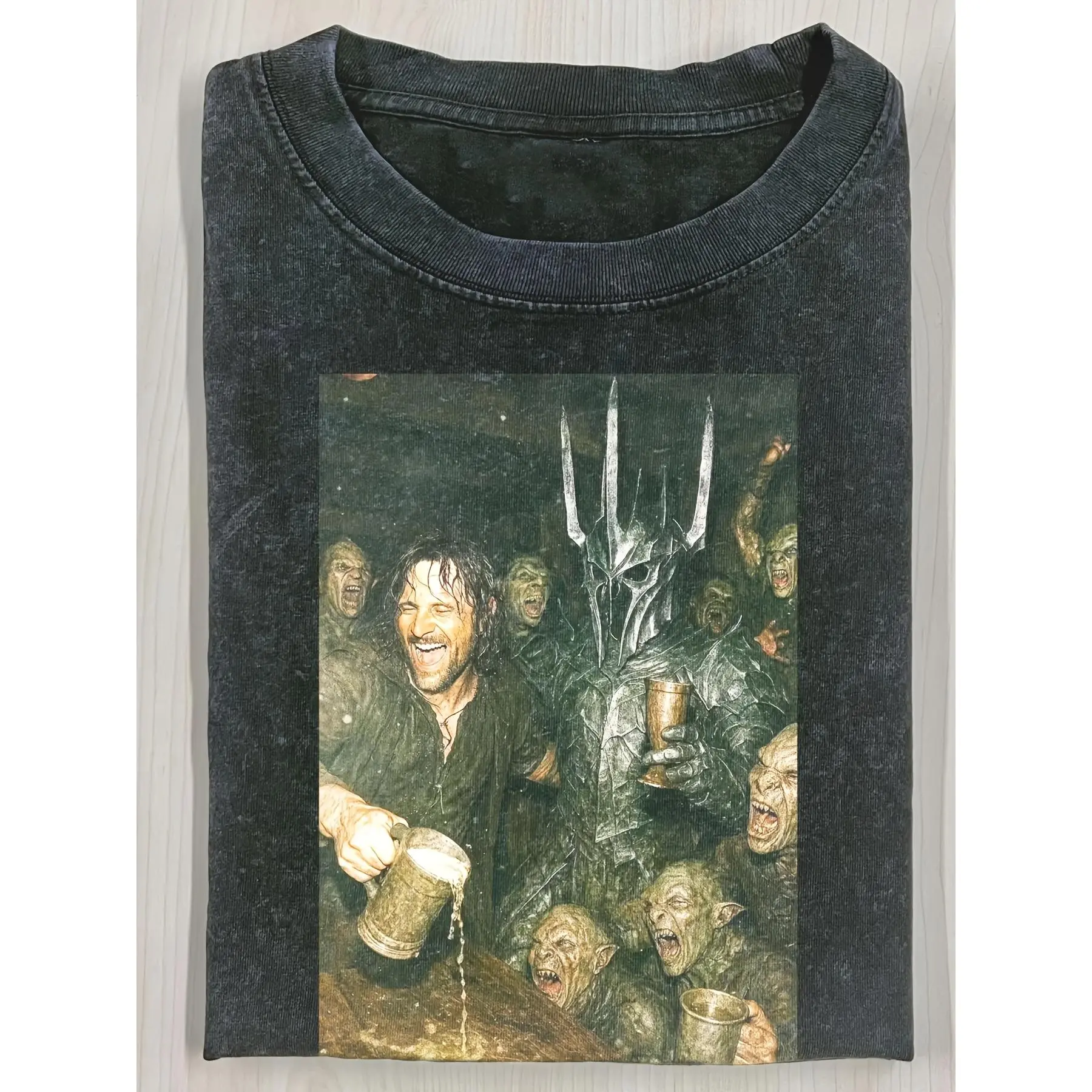 Vintage Washed T-Shirt For Men Short Sleeve Aragorn Sauron Orc Tavern Party Meme Lord Of The Rings Print Crew Neck Knit Casual Regular Fit Pullover Tees Funny Fantasy Movie Streetwear Tops Spring Summer Fall Soft Machine Wash Mens Graphic Tee