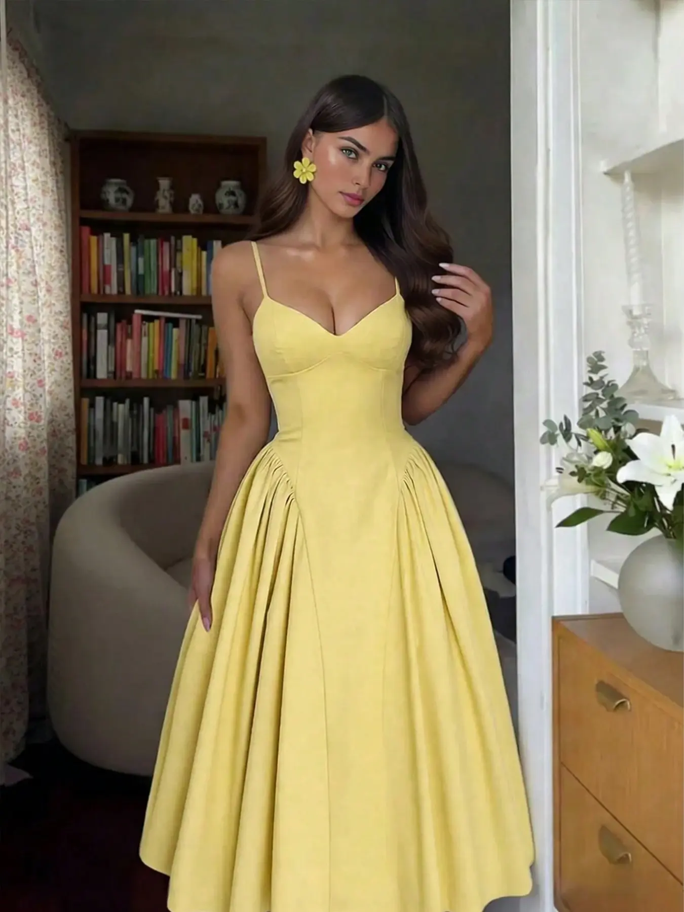 Ladies' solid color side panel pleated chest cup style sexy elegant temperament fashionable vacation wedding date camisole dress