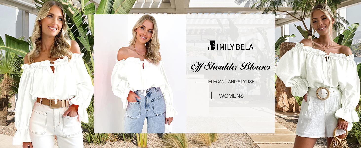 Imily Bela Womens Off The Shoulder Tops Puff Long Sleeve Tie Front Loose Fit Ruffle Shirts Blouses
