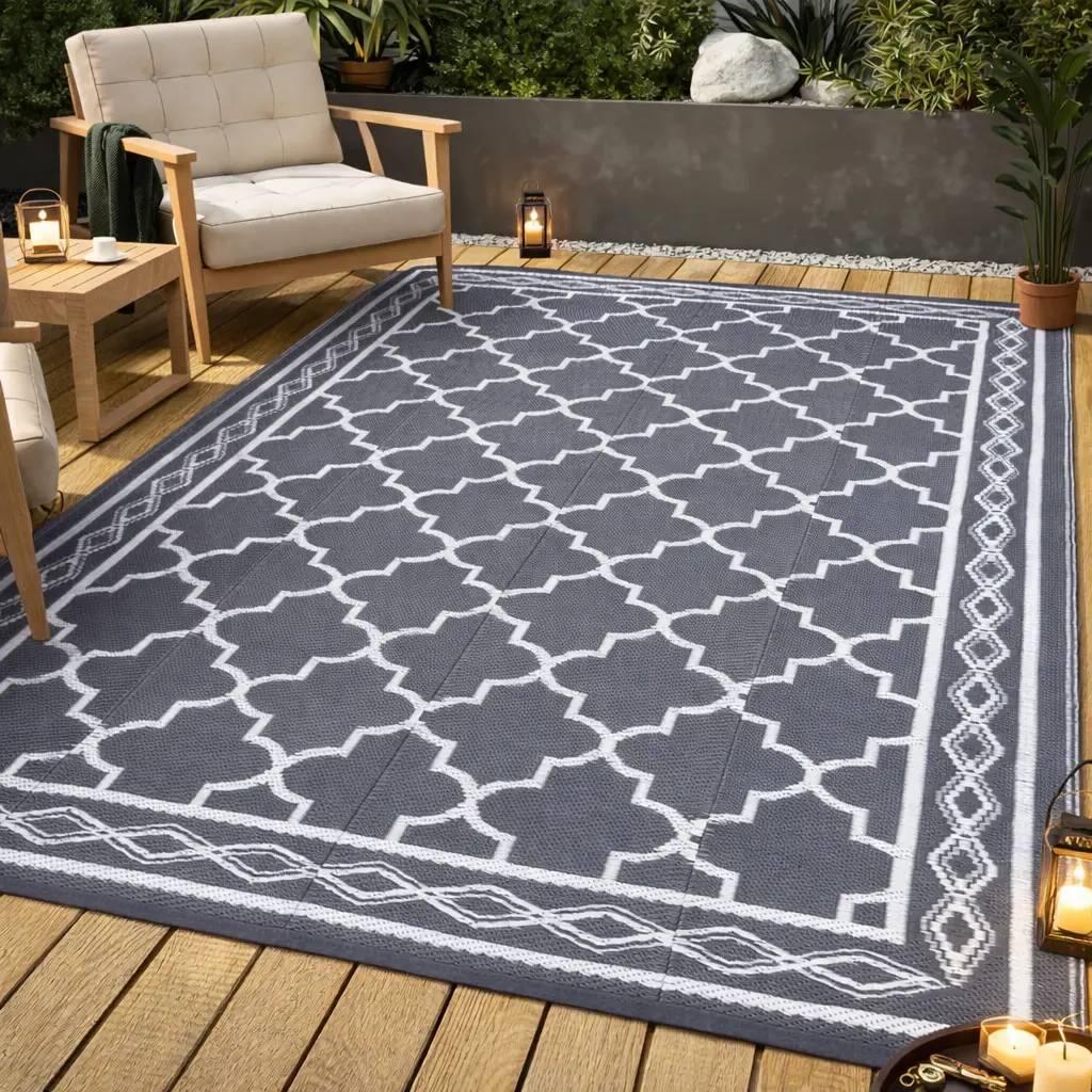 GARVEE Reversible Outdoor Rug, 9x18 ft Waterproof Patio Rug for RV Camping, Outdoor Mat with Stakes, Non Slip Indoor Outdoor Area Rug, Foldable Plastic Rug for Deck Beach Picnic