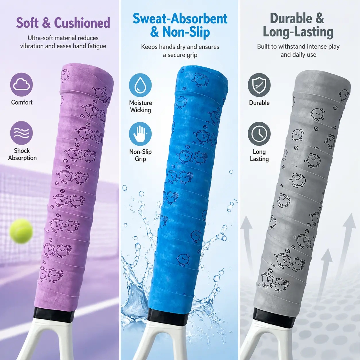PU Leather Tennis/Badminton Racket Grips - Premium Matte Finish, Sweat-Absorbing, Non-Slip Textured Breathable Tape with Ergonomic Design for Adult Players, Textured Wrap