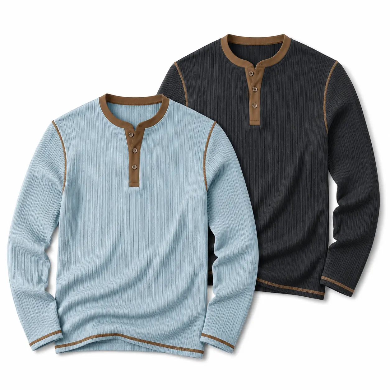Men's Long Sleeve Henley Shirt with Ribbed Fabric Contrast Trim Collar and Cuffs Three Button Casual Pullover Slim Fit Vintage Basic Shirt for Fall Winter Spring Daily Work Weekend Travel Outdoor Streetwear Brown Khaki Navy Blue Green Wine Red Black.