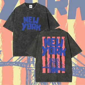 Unisex NEW YORK Manhattan Bridge Retro Pink & Blue Streetwear Style Graphict Washed T-Shirt Personalized Pattern Y2k Clothing Round Neck Washed T-Shirt,Women's Clothing 100% Cotton, Menswear, Top, Vintage Style,Summer Casual Oversized