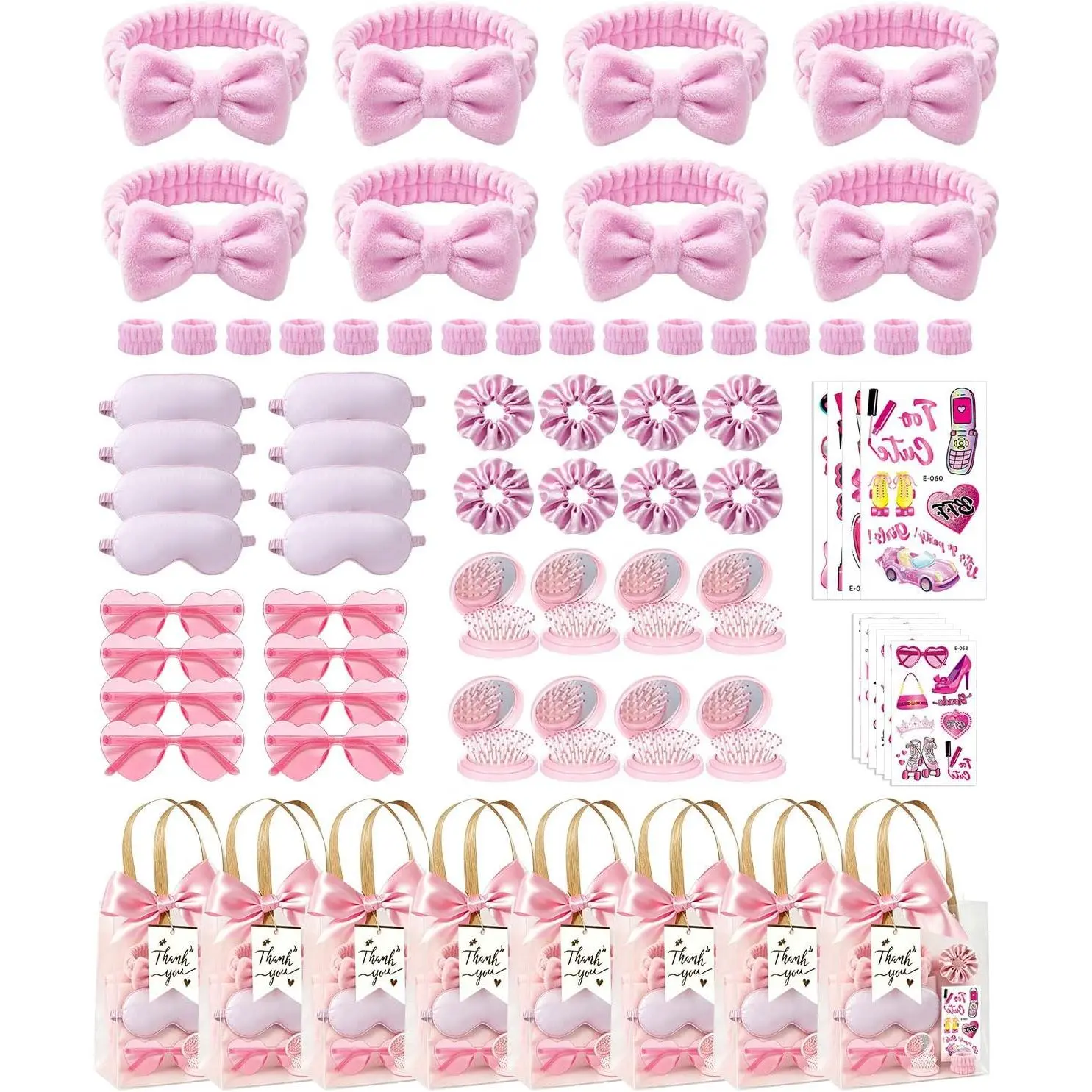 66Pcs Sleepover Party Supplies for Girls, Women Spa Party Supplies Bulk Include Headbands, Sleep Eye Mask, Mirror Hair Comb Gift Bags for Spa Sleepover Birthday Wedding Birthday Party (Pink)