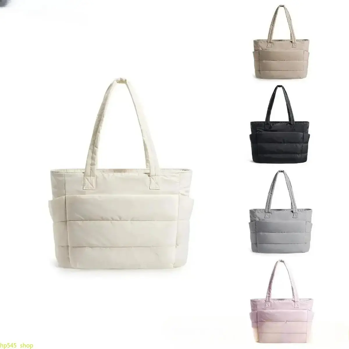 Quilted Puffer Tote Bag For Women, Lightweight Padded Large Capacity Shoulder Handbag, Multi Pocket Casual Daily Work Shopping Bag, Water Resistant Soft Nylon Carry Bag Available In Beige Black Gray White Pink