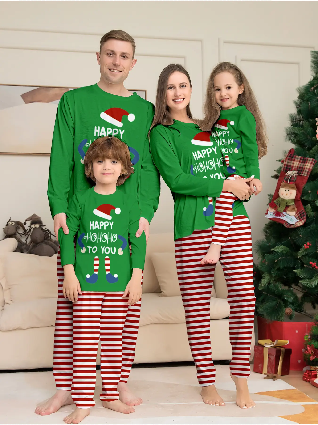 Matching Family Christmas Pajamas Set,Vibrant Green Top With Santa Hat,Elf Feet & "Happy HoHoHo To You" Slogan Print,Pants With Classic Red-White Horizontal Stripes,Soft Sleepwear For X-mas Morning Shoot,Family Gathering,Holiday Gift
