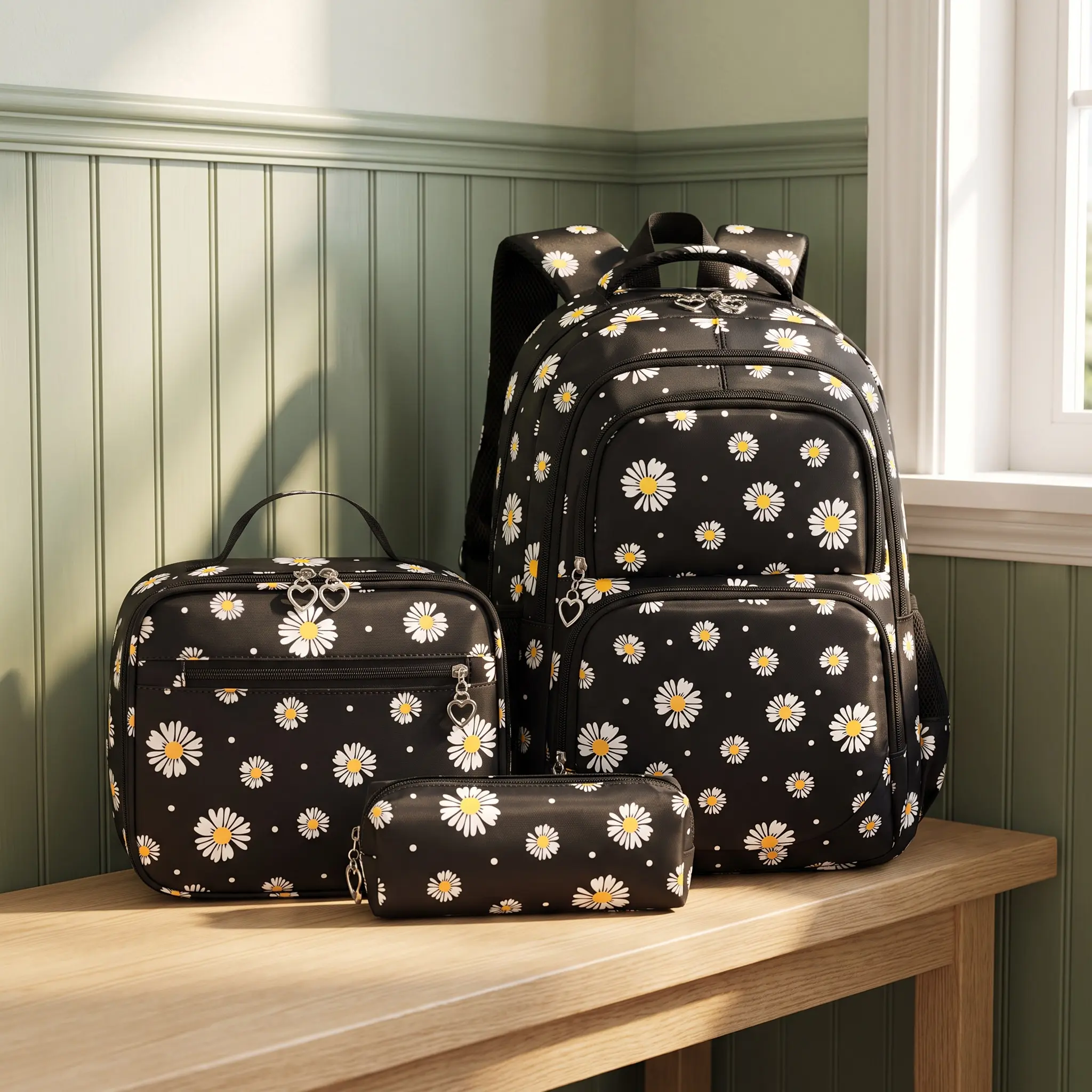 Unisex Chic Daisy Pattern Floral Print Backpack Set - Water-Repellent Nylon Bag, Large-Capacity, Ultra-Light Breathable Design, Curved Shoulder Straps, Zipper Closure, Back-to-School Essential for Grades 5-6