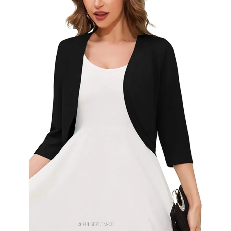 Women's Lady 3/4 Sleeve Open Front Knit Cropped Bolero Shrug Sweater Tops, Leisure Indoor Recreation Knitwear, Minimalist, Basic, Cardigan, Casual Wear, Shrugs20PULSEPLIANCE