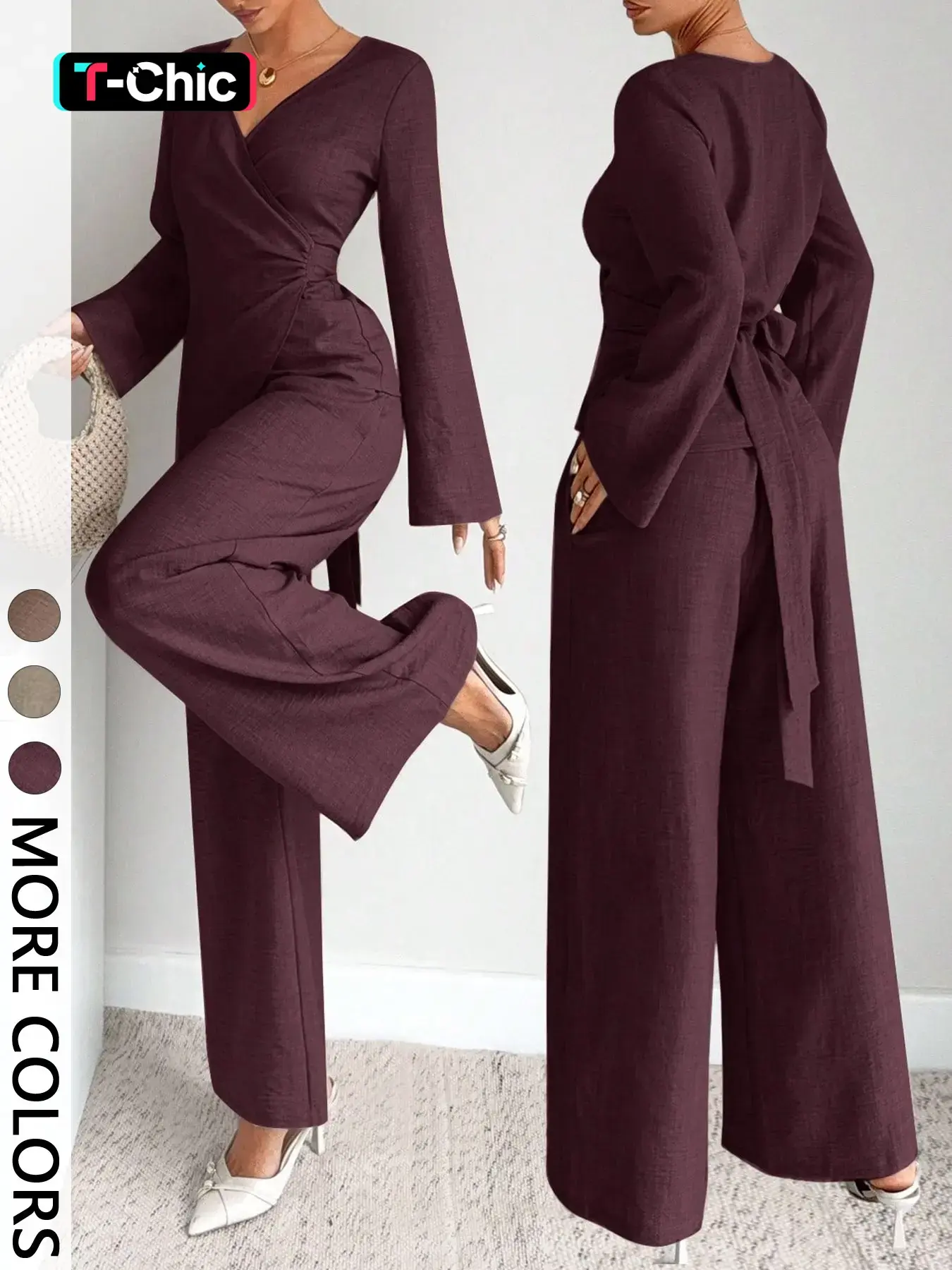 Elegant Women's 2-Piece Set Suits, Plain Color Layered Neck Crop Shirt with Bell Sleeve, Long Pants, Fall Winter for Parties
