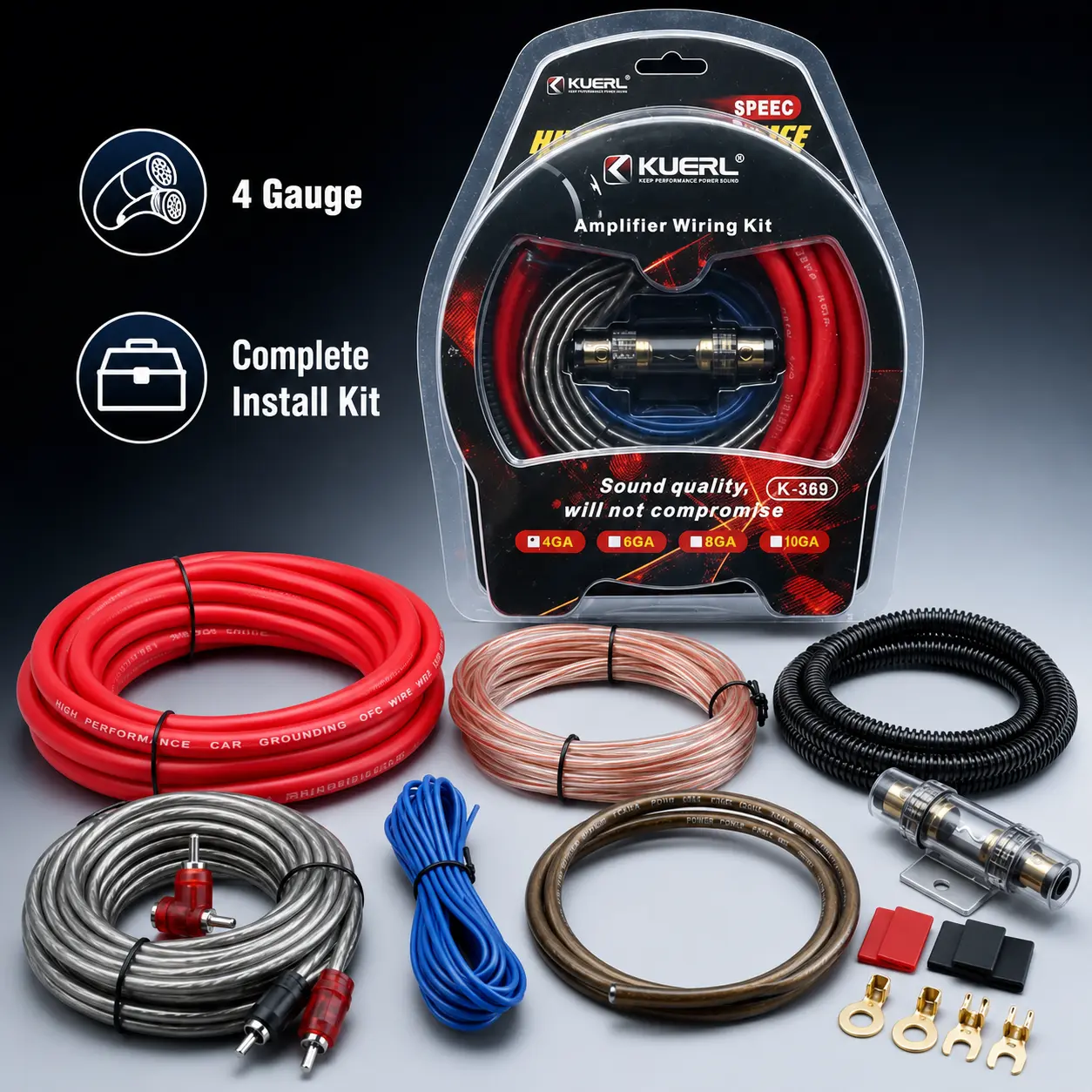4 Gauge Amplifier Subwoofer Wiring Kit, 2300W Car Audio Connection Set with RCA Cables