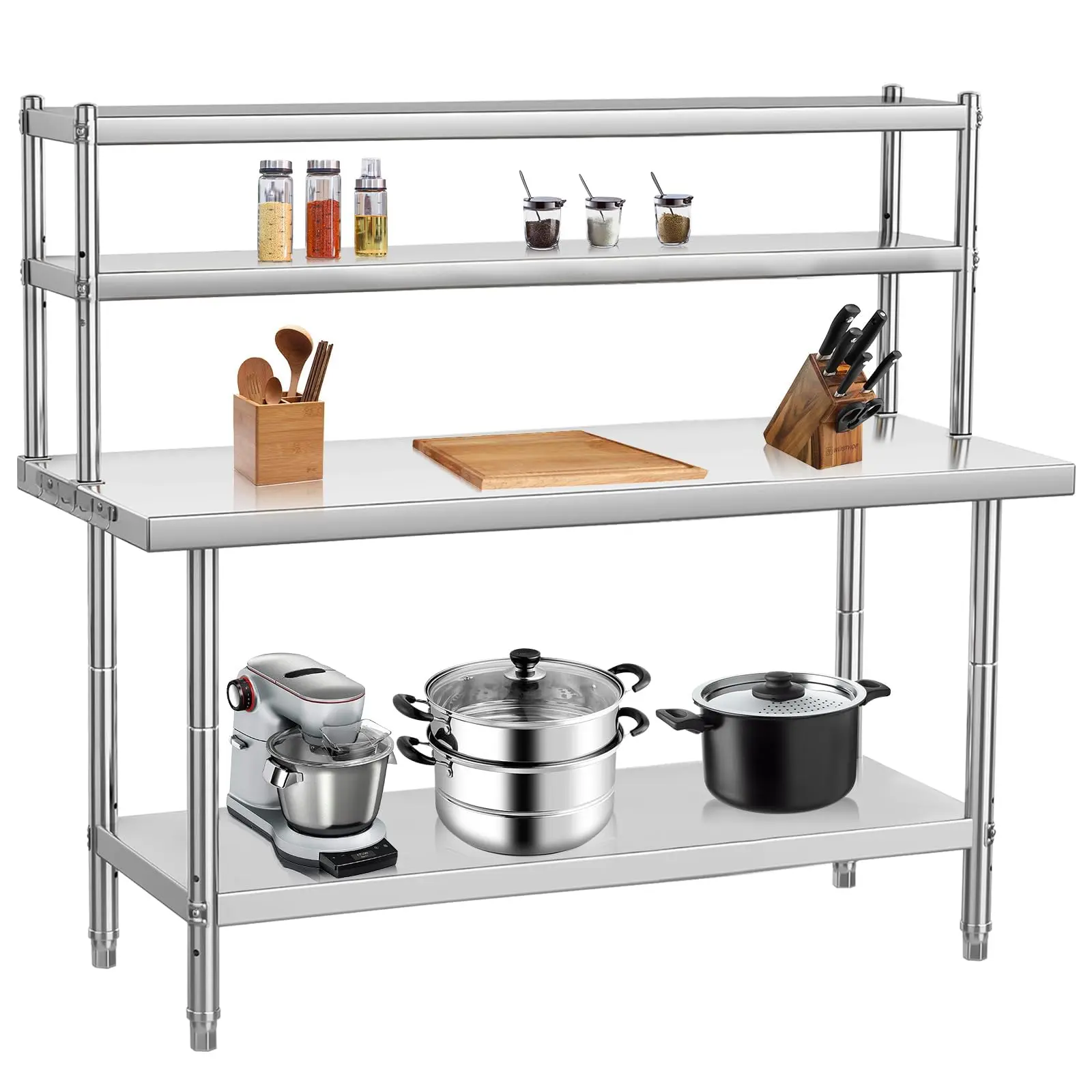 1×4-Tier Stainless Steel Work Table - NSF Certified, 48x24x54.5 In Large Size, Adjustable Overshelves, Hooks, 1,460-Lb Total Capacity, Easy Setup for Restaurant & Laboratory Commercial Kitchens