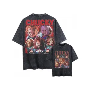Acid Wash Distressed Short Sleeve T-Shirt For Men Women, Multi Face Chucky Lightning Collage Two-Sided Horror Movie Graphic Oversized Crew Neck Casual Grunge Streetwear Soft Knit Cotton Daily Fashion Top