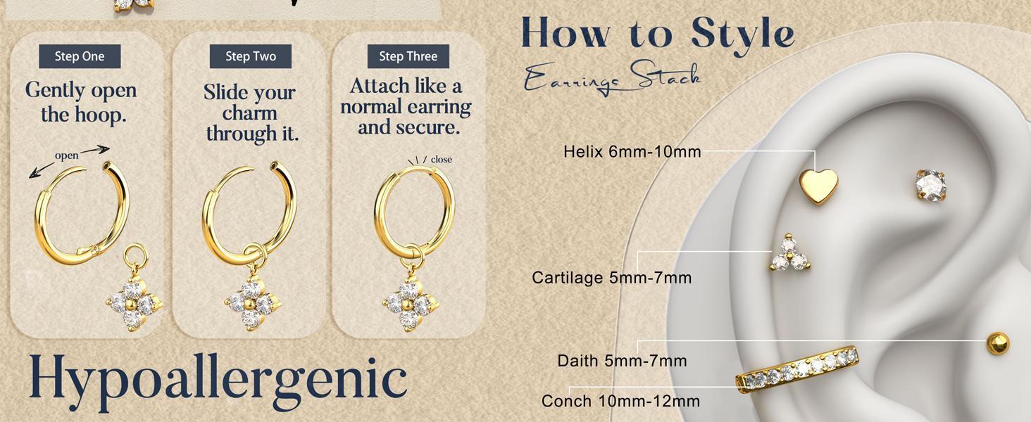 CASSIECA 10Pairs Earrings 14K Gold Plated Earrings for Women Hypoallergenic Surgical Steel Earrings Sensitive Ears Silver Flat Back Cartilage  Stacks with Charms for Multiple Piercing Jewelry