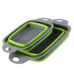 2-Pack Silicone Plastic Collapsible Kitchen Colanders, Heat-Resistant Square Food Strainer Baskets with Handles & Suspension Design for Draining, Rinsing