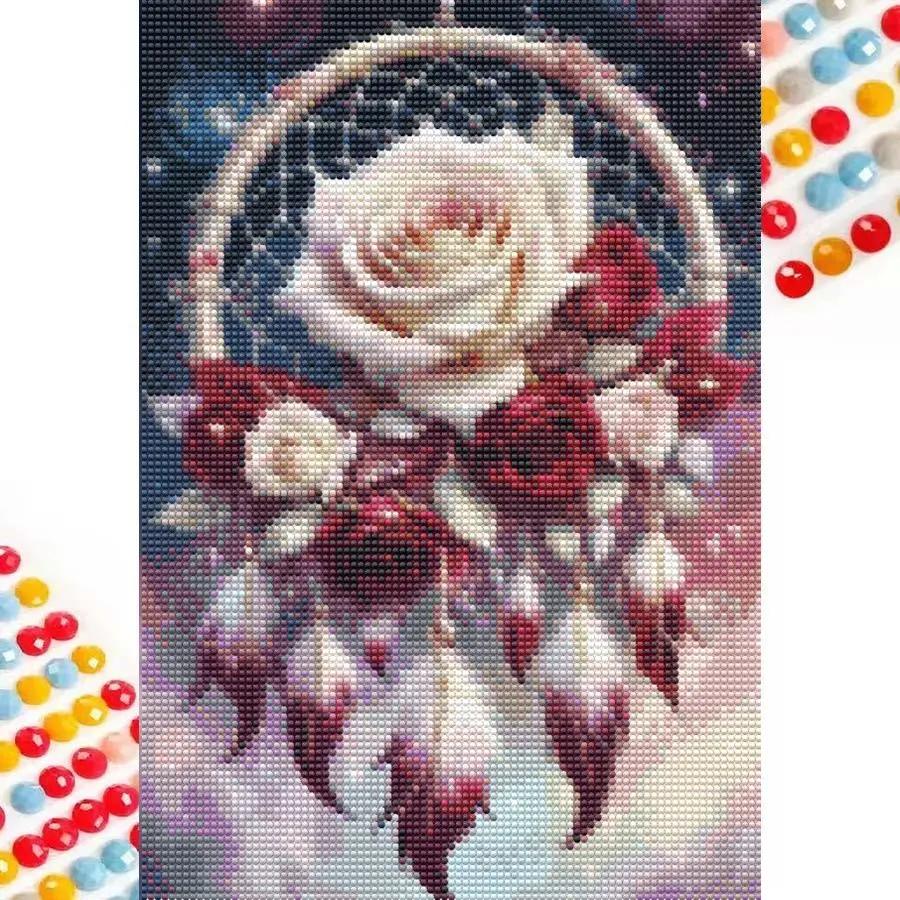 5D DIY Diamond Art Painting Kit, Rose Dreamcatcher Feather Mosaic Canvas Art, Home Wall Decor Gift for Ramadan, Birthday, Anniversary, Diamond Art Tools, Diamond Painting Kits